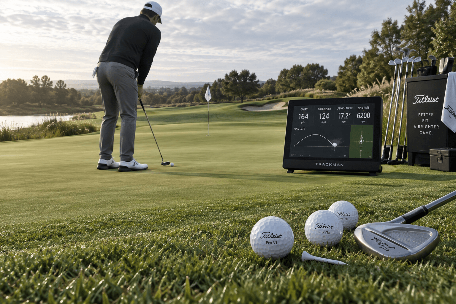 Golfer testing a putter beside titleist pro v1 golf balls on a manicured green with launch monitor and irons.