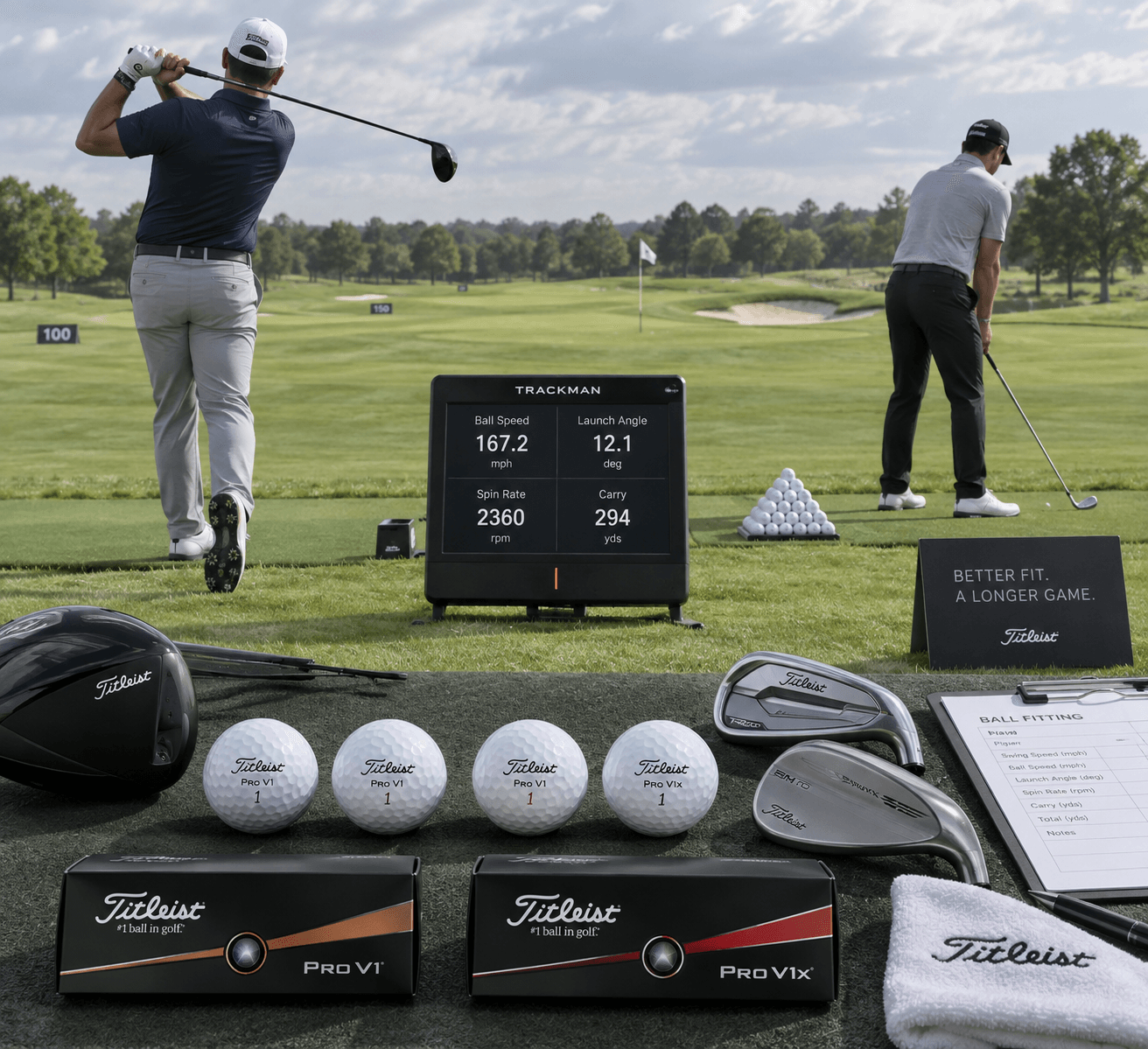 Titleist Pro V1 golf balls and Pro V1x on a fitting mat beside golfers, clubs, launch monitor, and practice range.