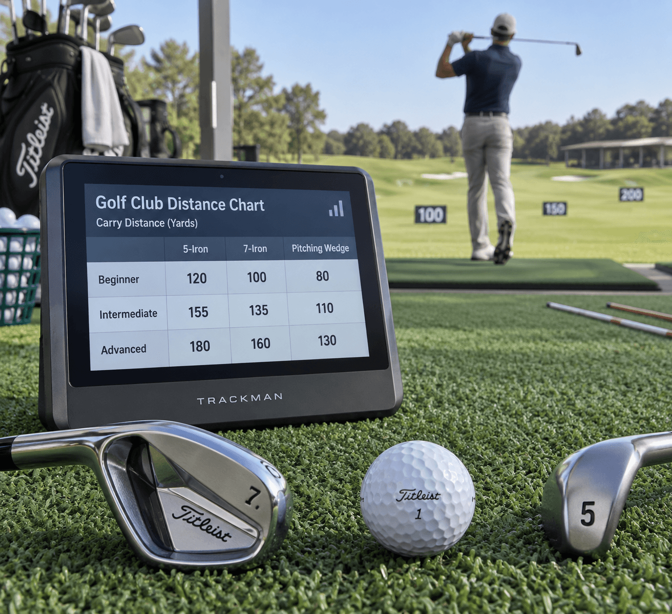 Golf launch monitor showing an iron distances golf chart beside a 7-iron, ball, and practice mat on a range.