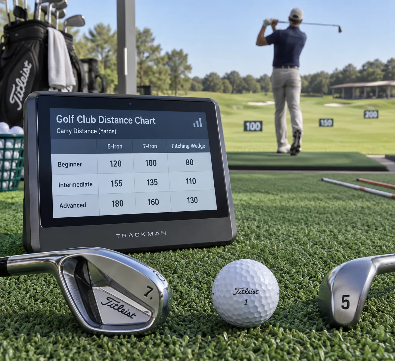 Golf Club Distance Chart: Average Yardages by Skill Level 1 Golf launch monitor showing an iron distances golf chart beside a 7-iron, ball, and practice mat on a range.