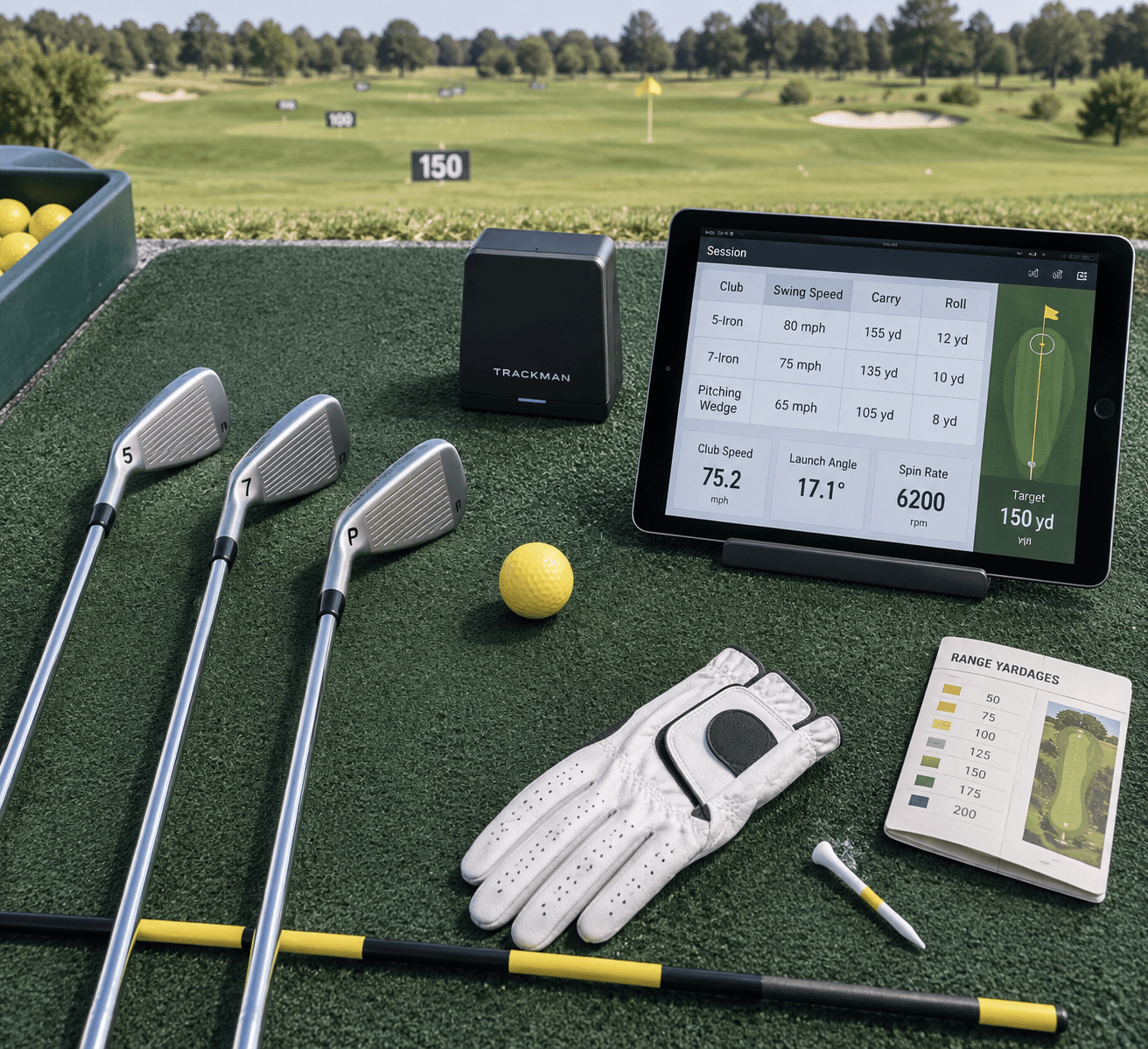 Overhead golf setup with irons, launch monitor, tablet distance table, ball, and fairway; iron distances golf data shows carry and roll.