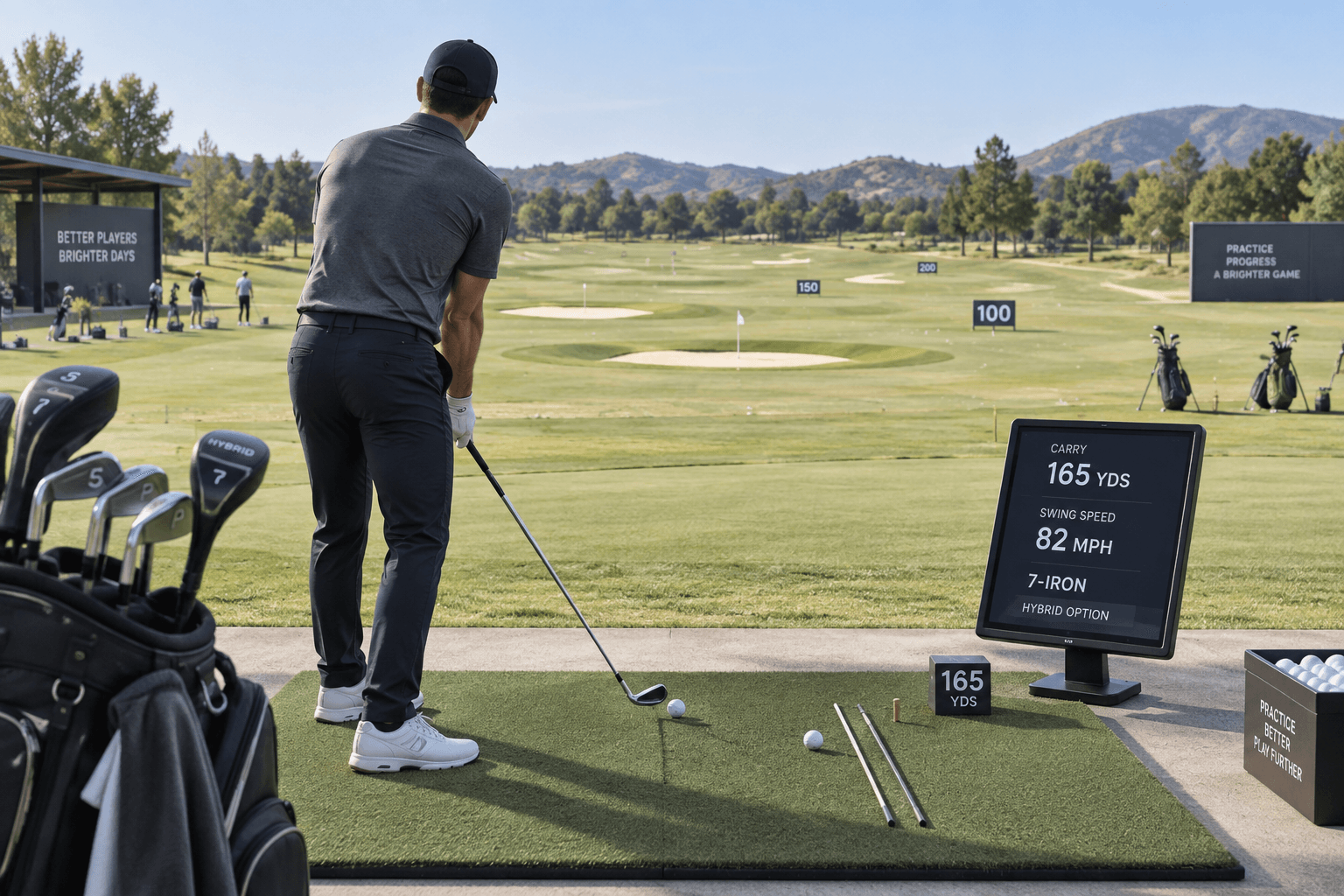 Golfer testing iron distances golf at a practice range, with launch monitor showing 7-iron carry and hybrid option.