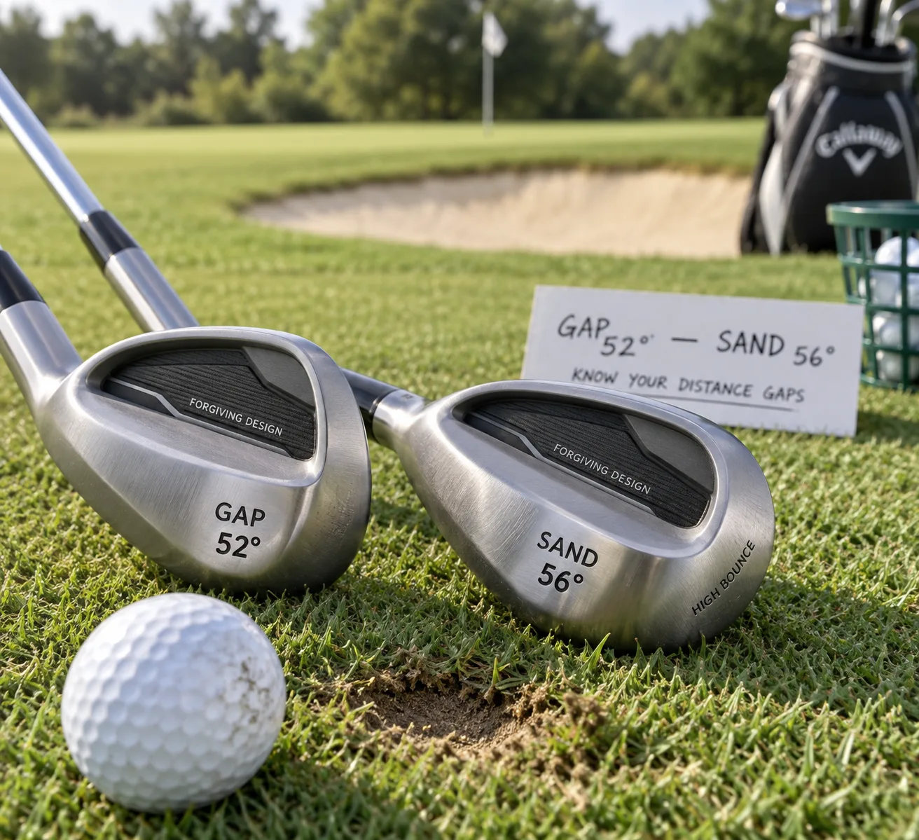 Macro view of forgiving gap and sand wedges labeled 52u00b0 and 56u00b0 beside a golf ball, divot, and distance card; best wedges.