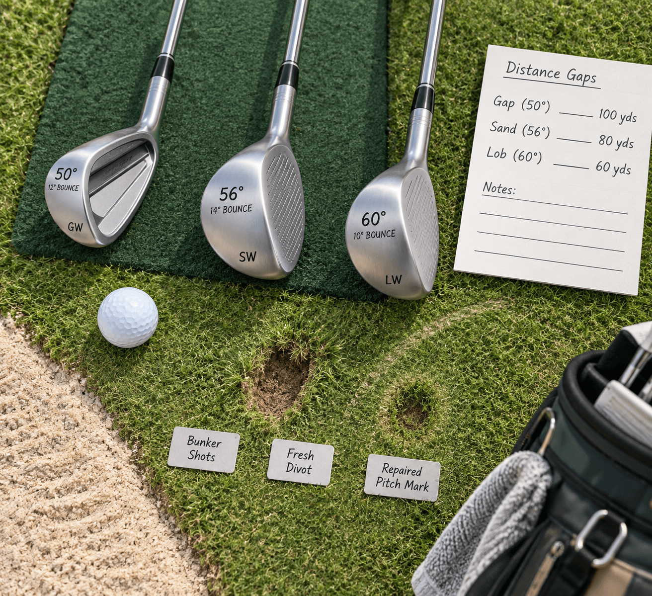 Overhead display of best wedges with loft markings, golf ball, sand, divot, pitch mark, and distance-gap note card.