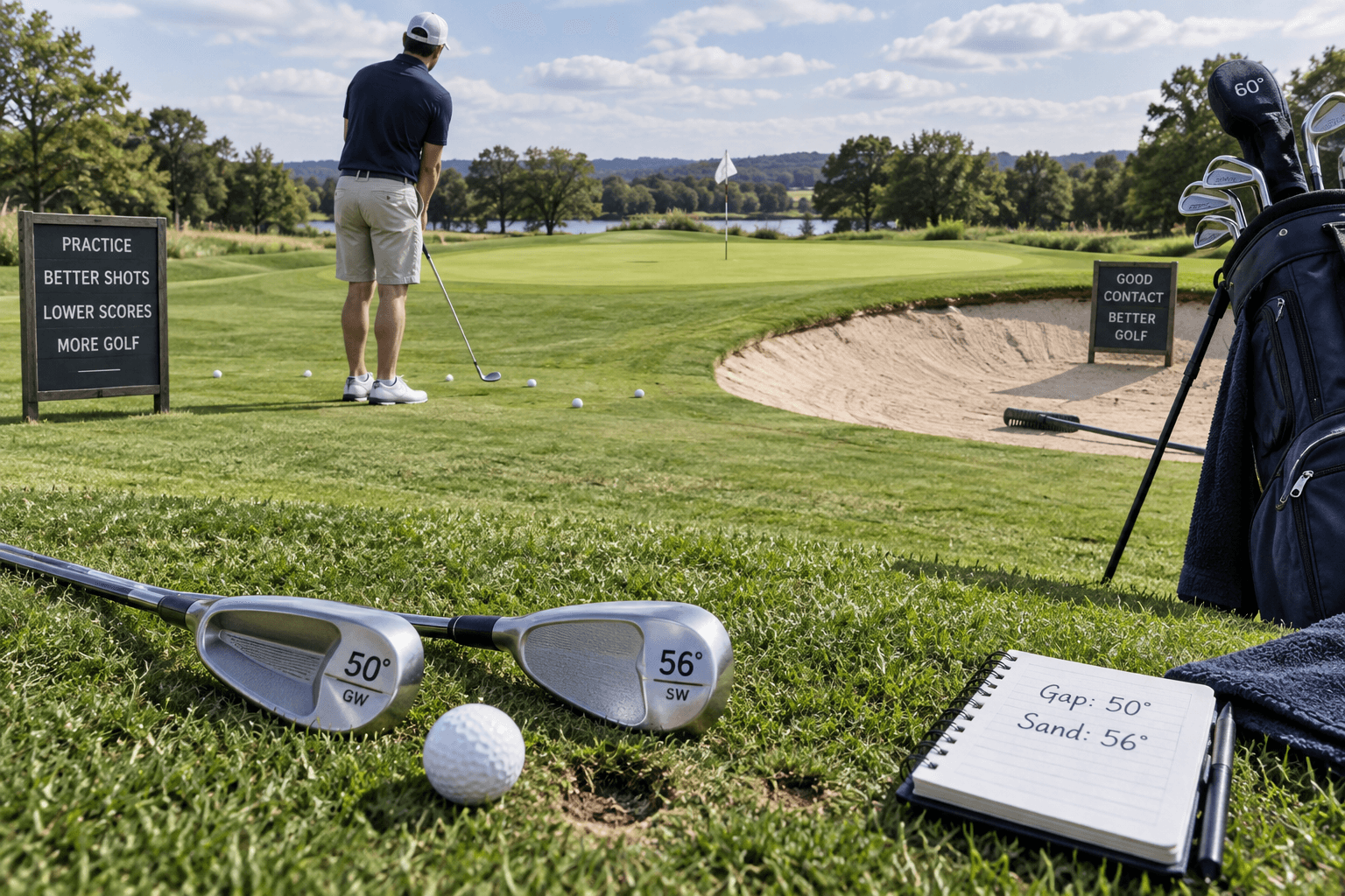 Beginner golfer studies best wedges beside a golf bag; gap and sand wedges, ball, divot, notebook, green, and bunker visible.