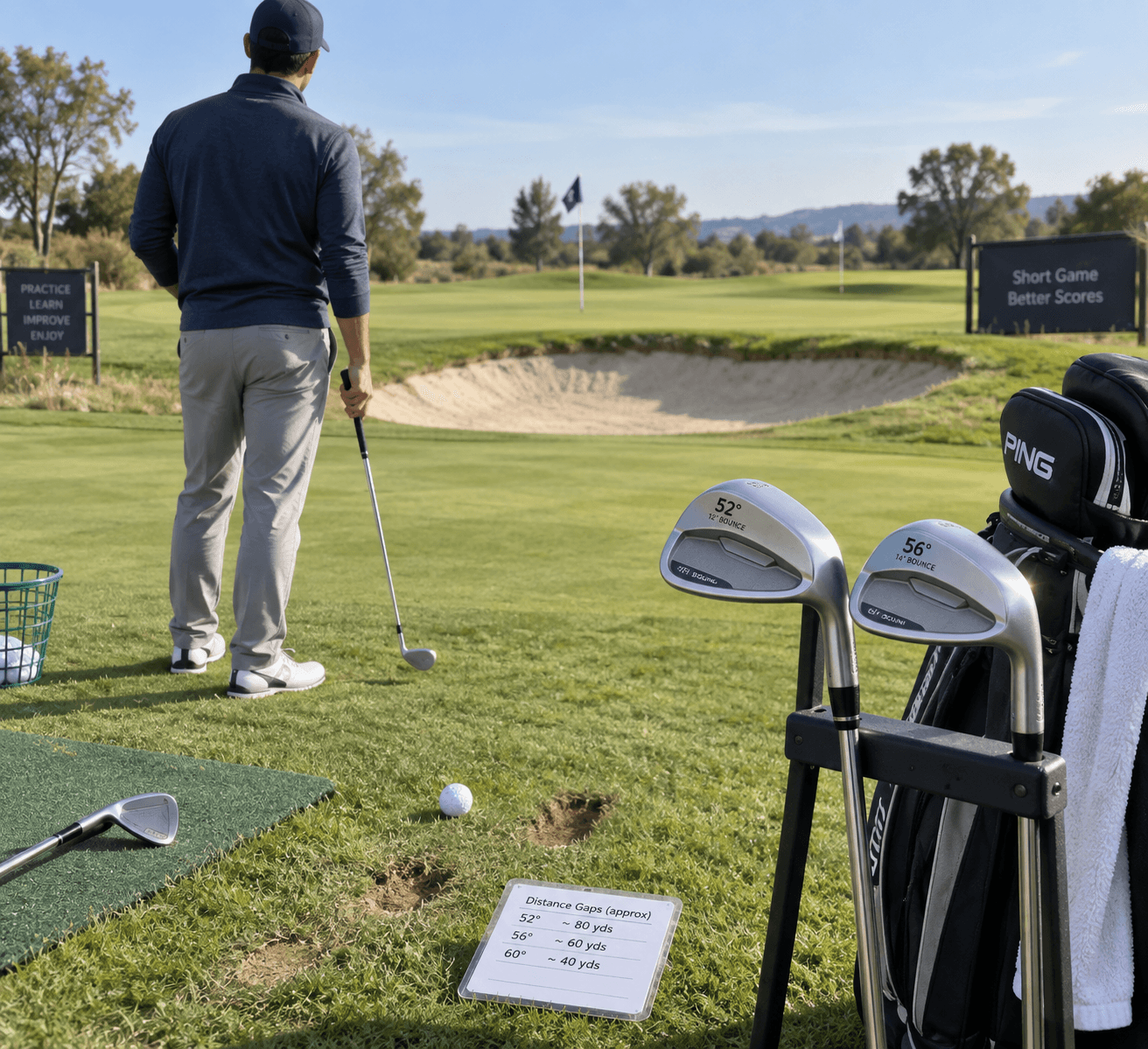 Beginner golfer compares 52° and 56° cavity-back wedges beside a golf bag at a sunny practice green, testing best wedges.
