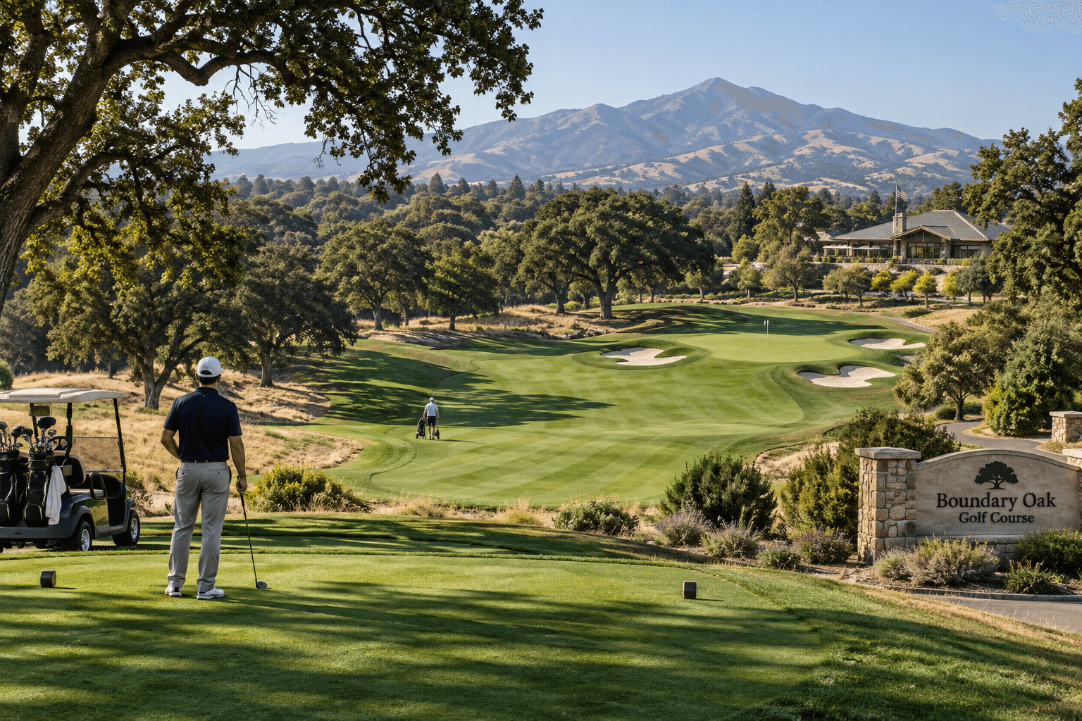 Boundary Oak Golf Course with oak-lined fairway, golfers, clubhouse sign, green, and Mount Diablo foothills.