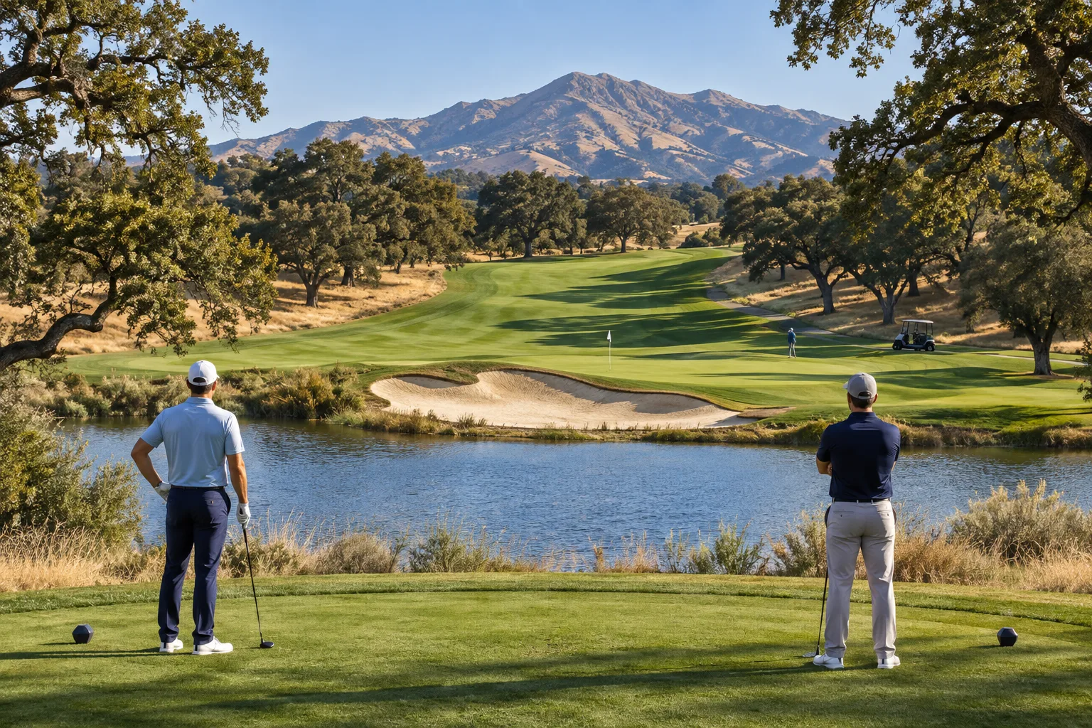 boundary oak golf course closing holes with golfers, pond, sand bunker, oak-lined fairway, green, and Mount Diablo foothills