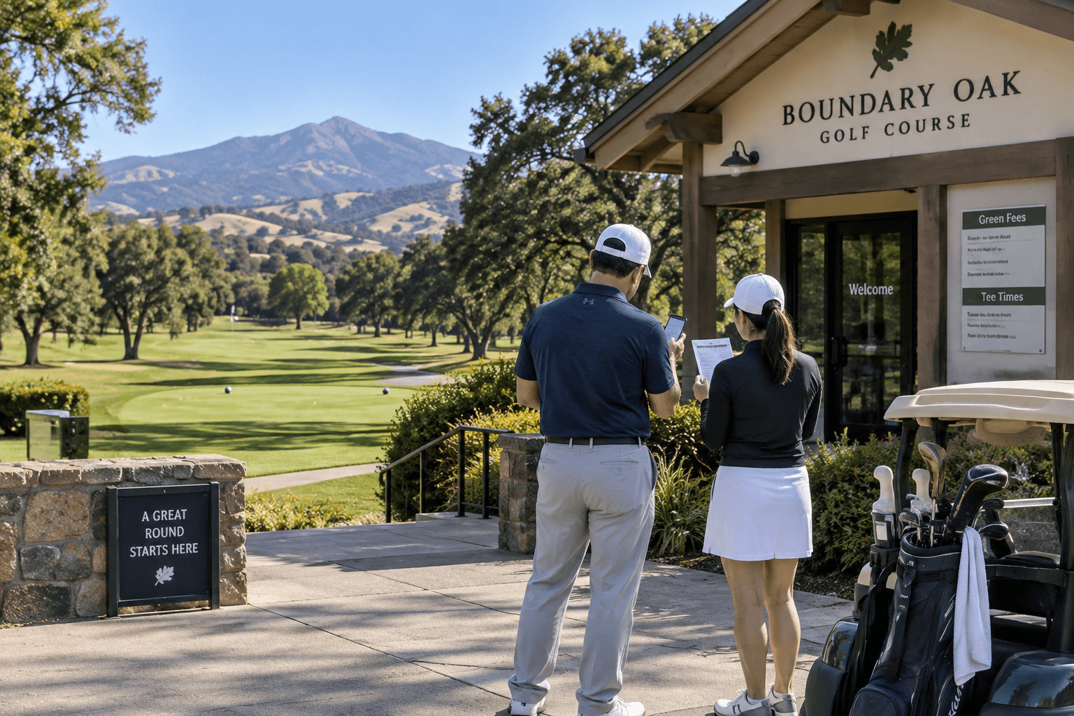Golfers review tee times by the Boundary Oak Golf Course clubhouse, with golf bags, fairway, oak trees, and Mount Diablo behind them.