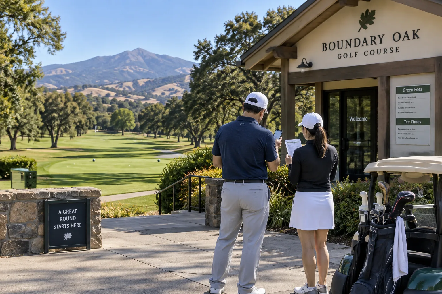 Golfers review tee times by the Boundary Oak Golf Course clubhouse, with golf bags, fairway, oak trees, and Mount Diablo behind them.