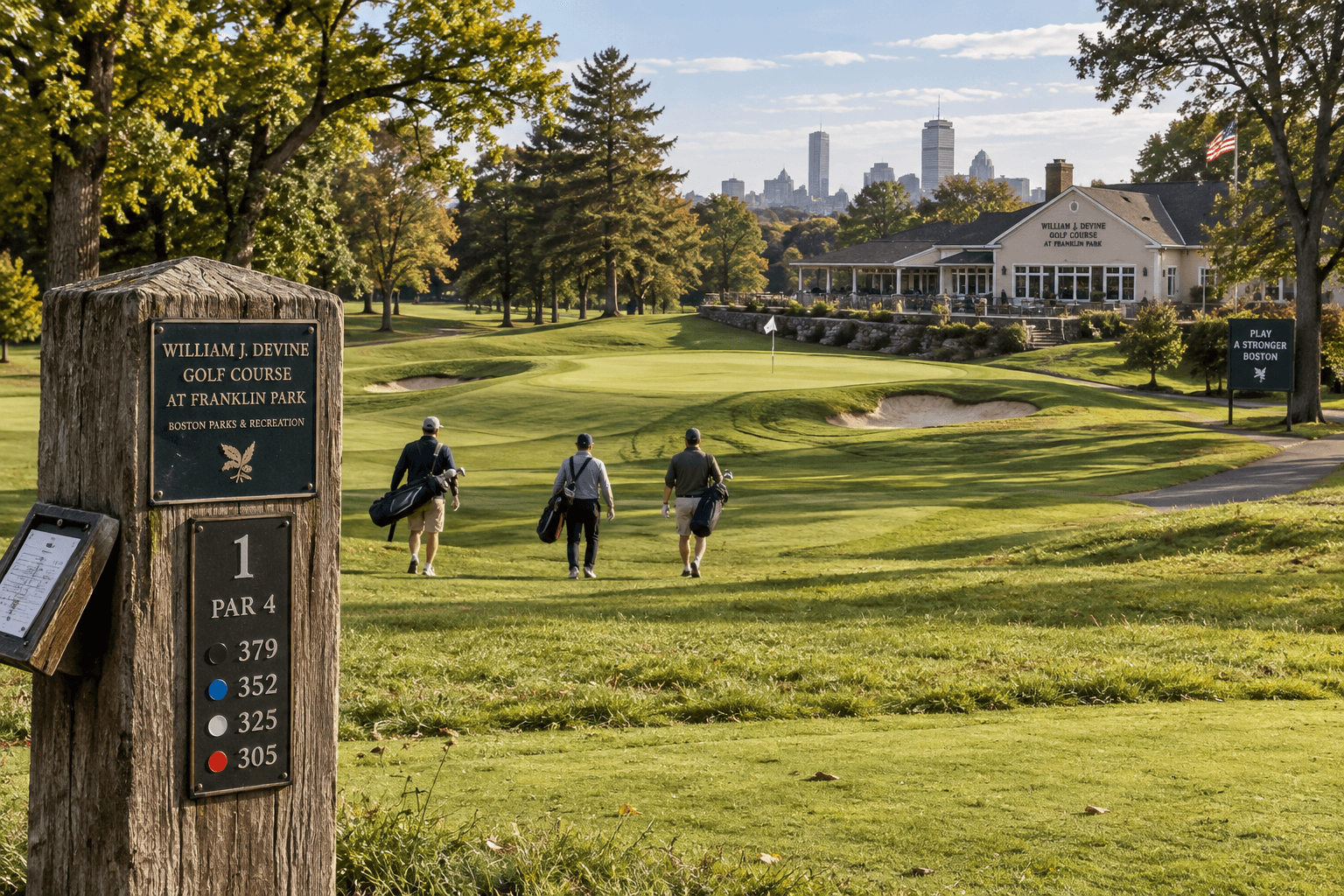 william j devine golf course at franklin park with golfers, fairway, flagstick, clubhouse, tee marker, and mature trees.