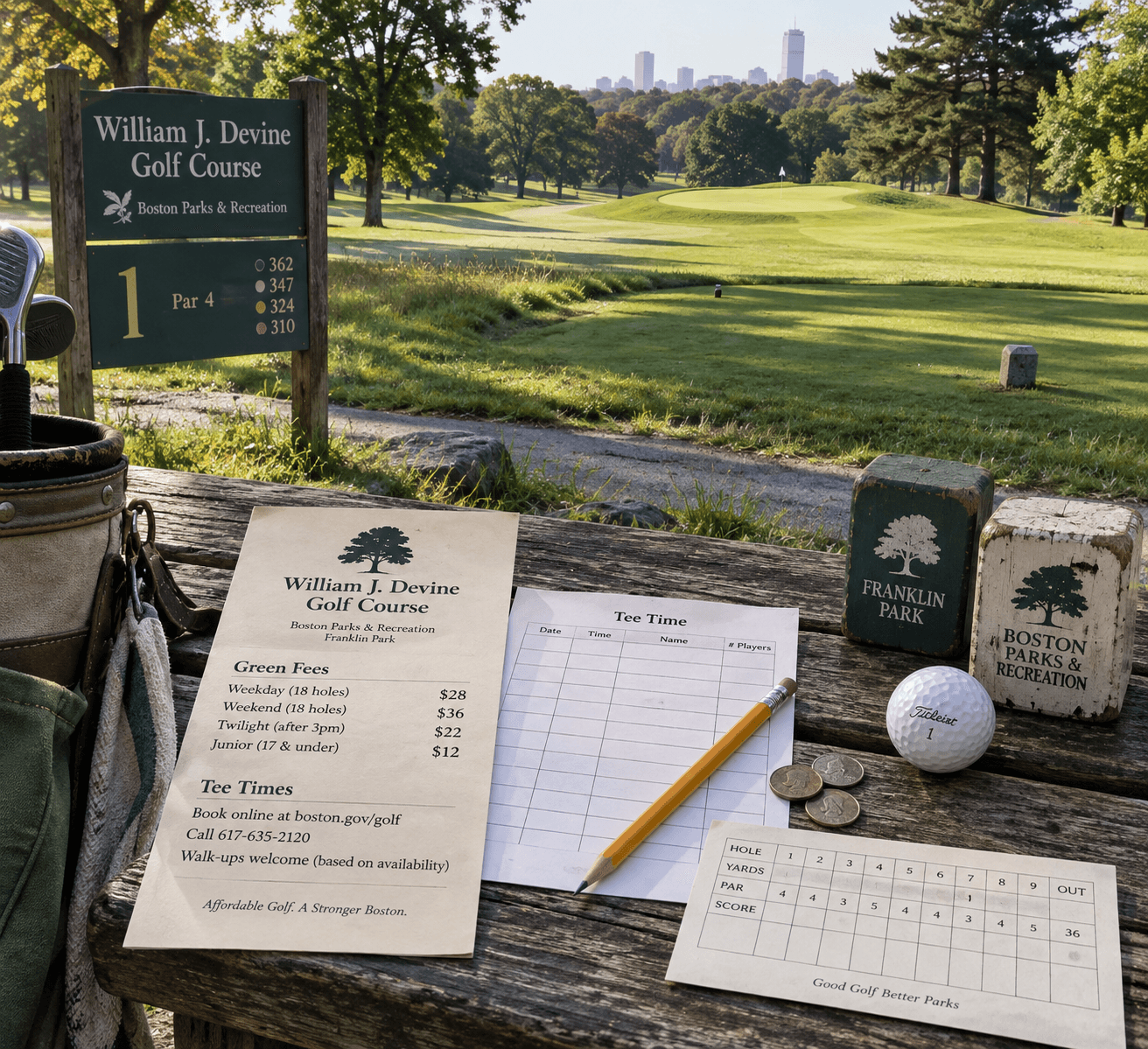 Flat lay of tee-time sheet and golf gear overlooking a fairway at william j devine golf course at franklin park