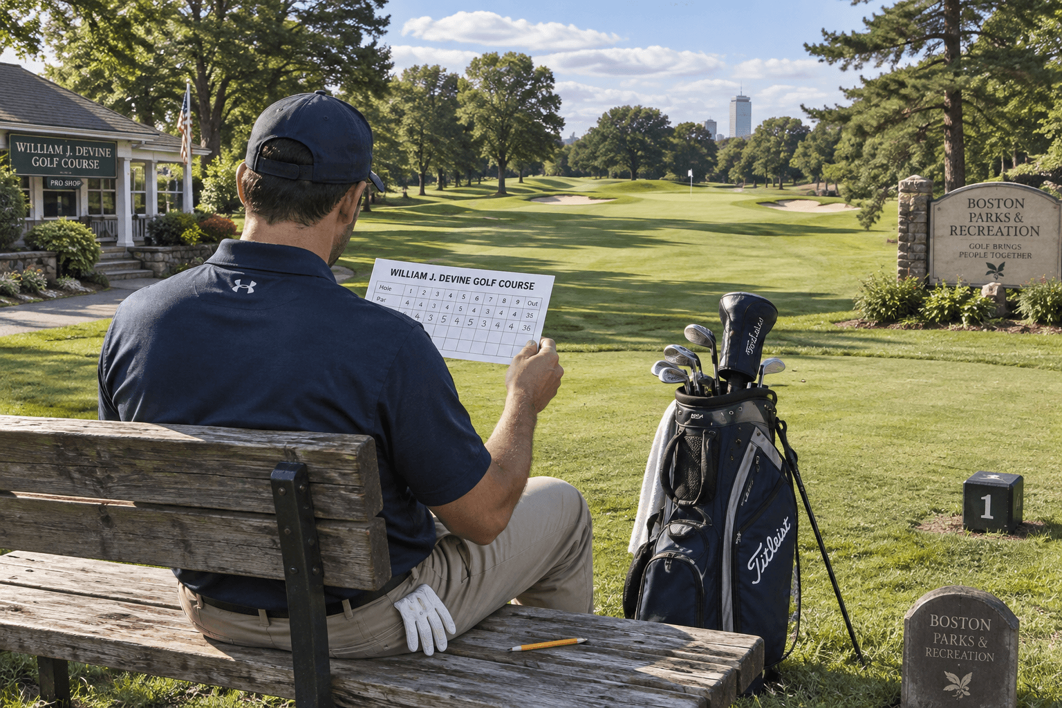 Golfer reading a scorecard beside a bench and golf bag at william j devine golf course at franklin park, Boston.