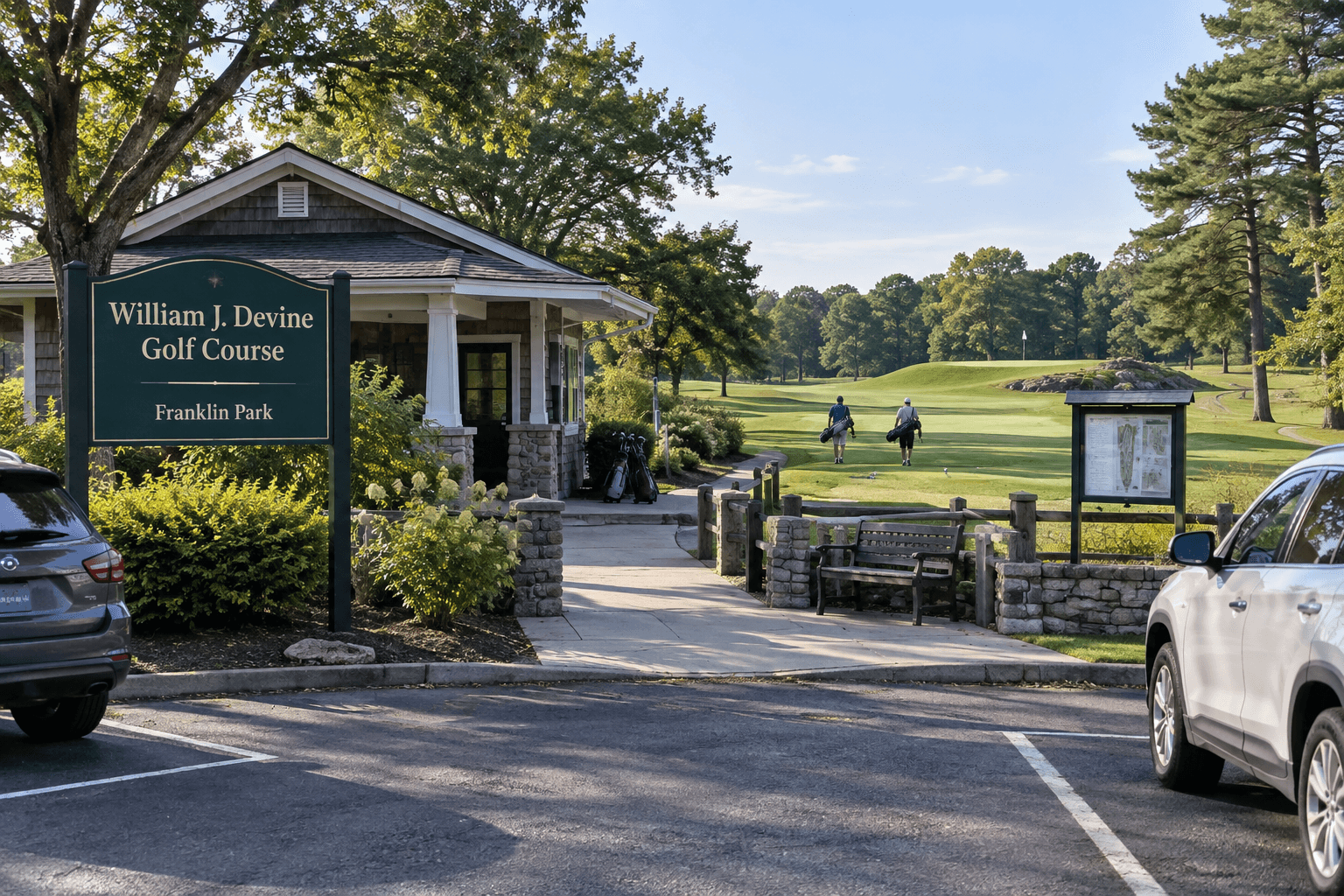 Entrance to william j devine golf course at franklin park with parking, clubhouse, sign, trees, and golfers on the fairway.