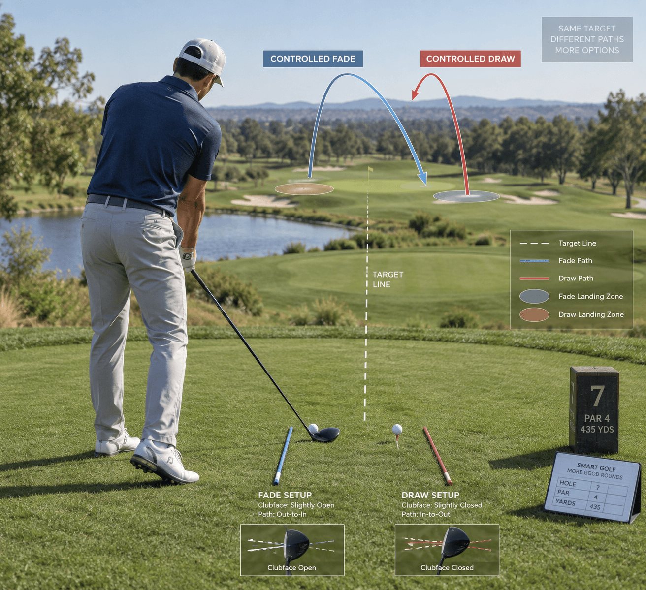 Fade vs Draw in Golf: Which Shot Should You Play? 2 Golfer addressing a ball with fade and draw trajectories, alignment sticks, and technical overlay explaining fade vs draw in golf