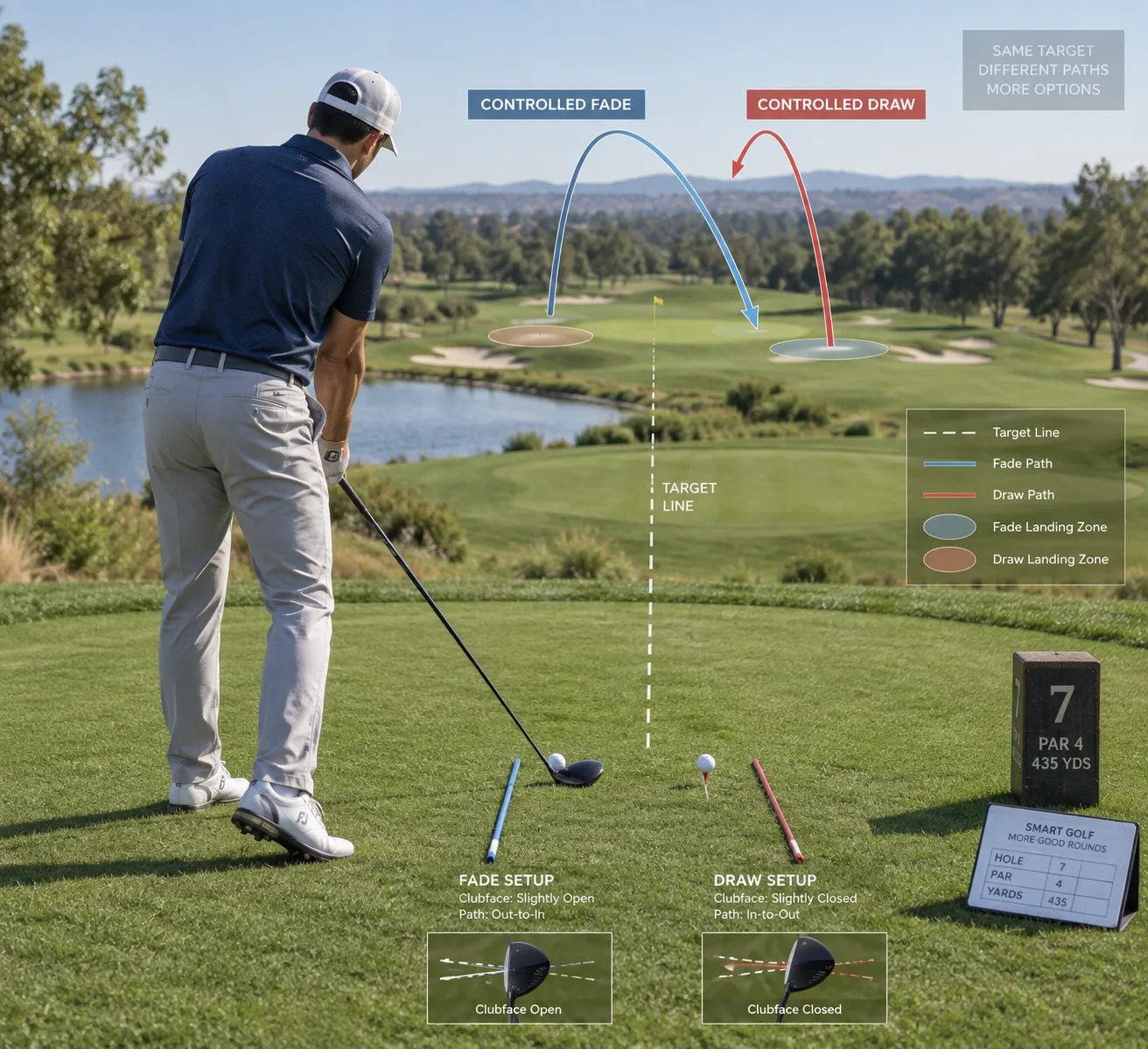 Fade vs Draw in Golf: Which Shot Should You Play? 6 Golfer addressing a ball with fade and draw trajectories, alignment sticks, and technical overlay explaining fade vs draw in golf