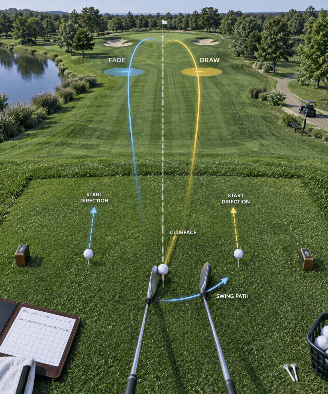 Overhead golf setup illustrating fade vs draw in golf with clubface, swing path, target lines, tracer arcs, and labeled landing zones.