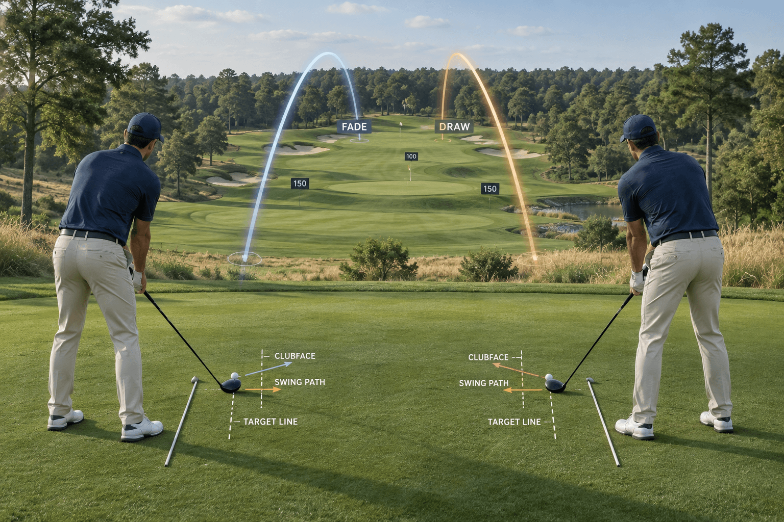 Golfer at tee comparing fade vs draw in golf, with clubface overlays and shot-tracer arcs landing on fairway zones.