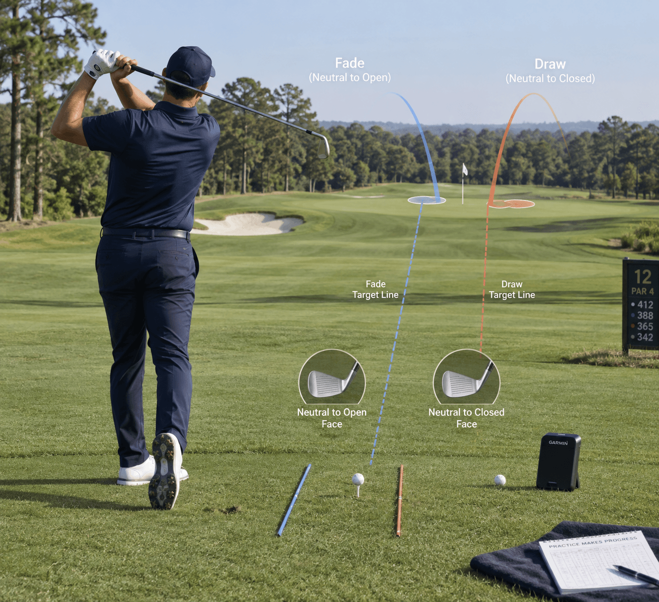 Golfer practicing fade vs draw in golf, with alignment sticks, tracer arcs, target green, balls, and launch monitor.