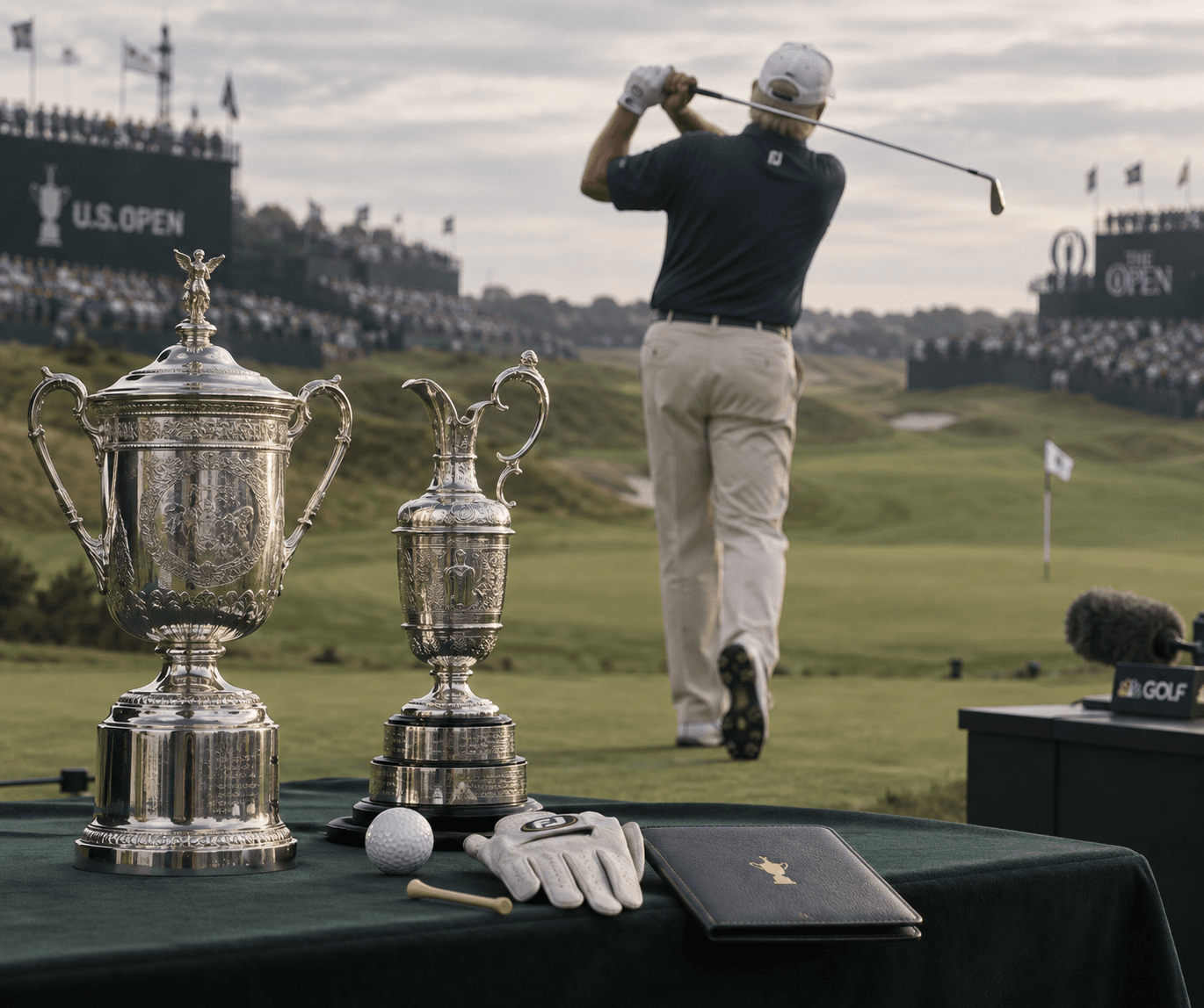 Golfer Ernie Els Profile and Major Wins 1 Golfer Ernie Els seen from behind on a putting green, with the U.S. Open trophy, Claret Jug, and golf ball in focus.