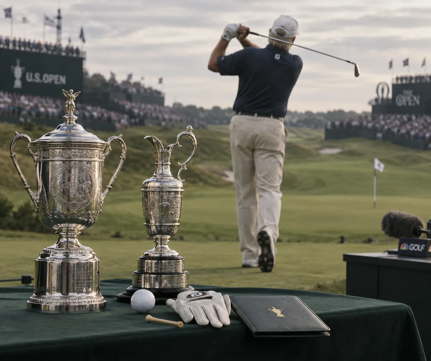 Golfer Ernie Els Profile and Major Wins 5 Golfer Ernie Els seen from behind on a putting green, with the U.S. Open trophy, Claret Jug, and golf ball in focus.