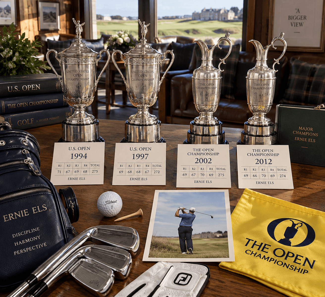 Golfer Ernie Els major-win timeline with trophies, scorecards for 1994, 1997, 2002 and 2012, and golf memorabilia.