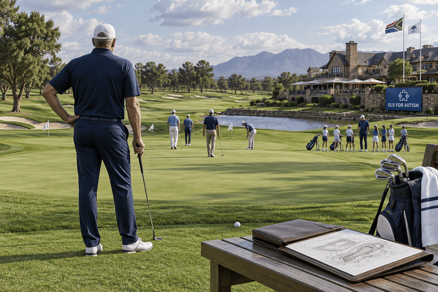 golfer ernie els observes a Champions Tour practice session beside a putting green, with junior golfers, clubs, and clubhouse beyond.