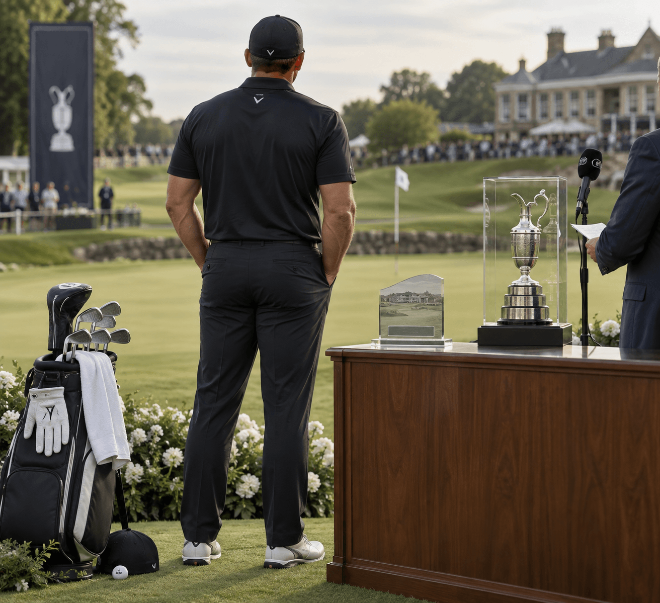 Back-view golfer ernie els beside a charity plaque, golf equipment, and Claret Jug display on a championship course.