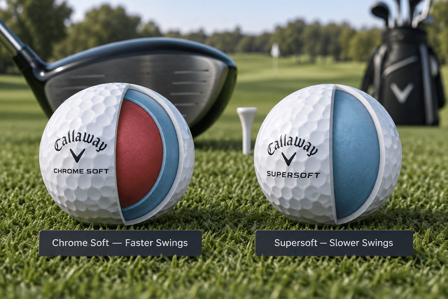 Callaway Chrome Soft vs Supersoft: Which Ball Wins? 1 callaway chrome soft vs supersoft golf balls shown in cutaway, comparing three-layer and two-layer designs on a teeing area.