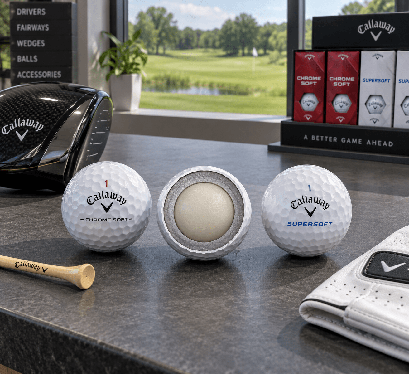 callaway chrome soft vs supersoft: cutaway Chrome Soft ball beside labeled Supersoft, with golf gear on a pro-shop counter.