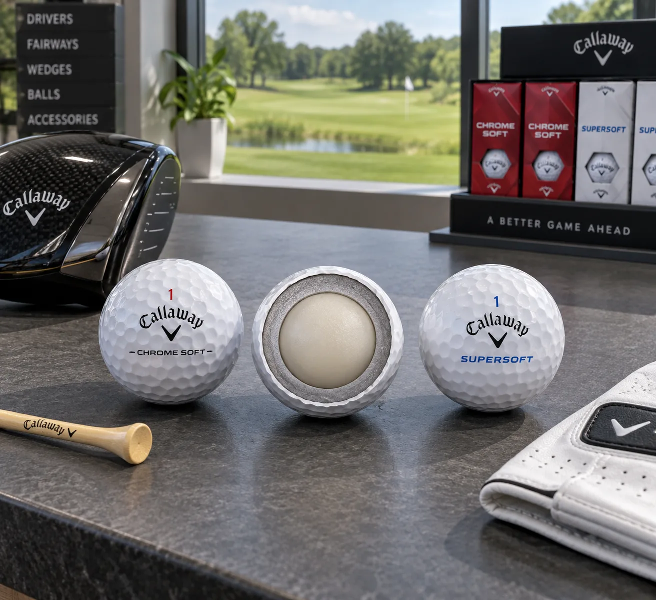 callaway chrome soft vs supersoft: cutaway Chrome Soft ball beside labeled Supersoft, with golf gear on a pro-shop counter.