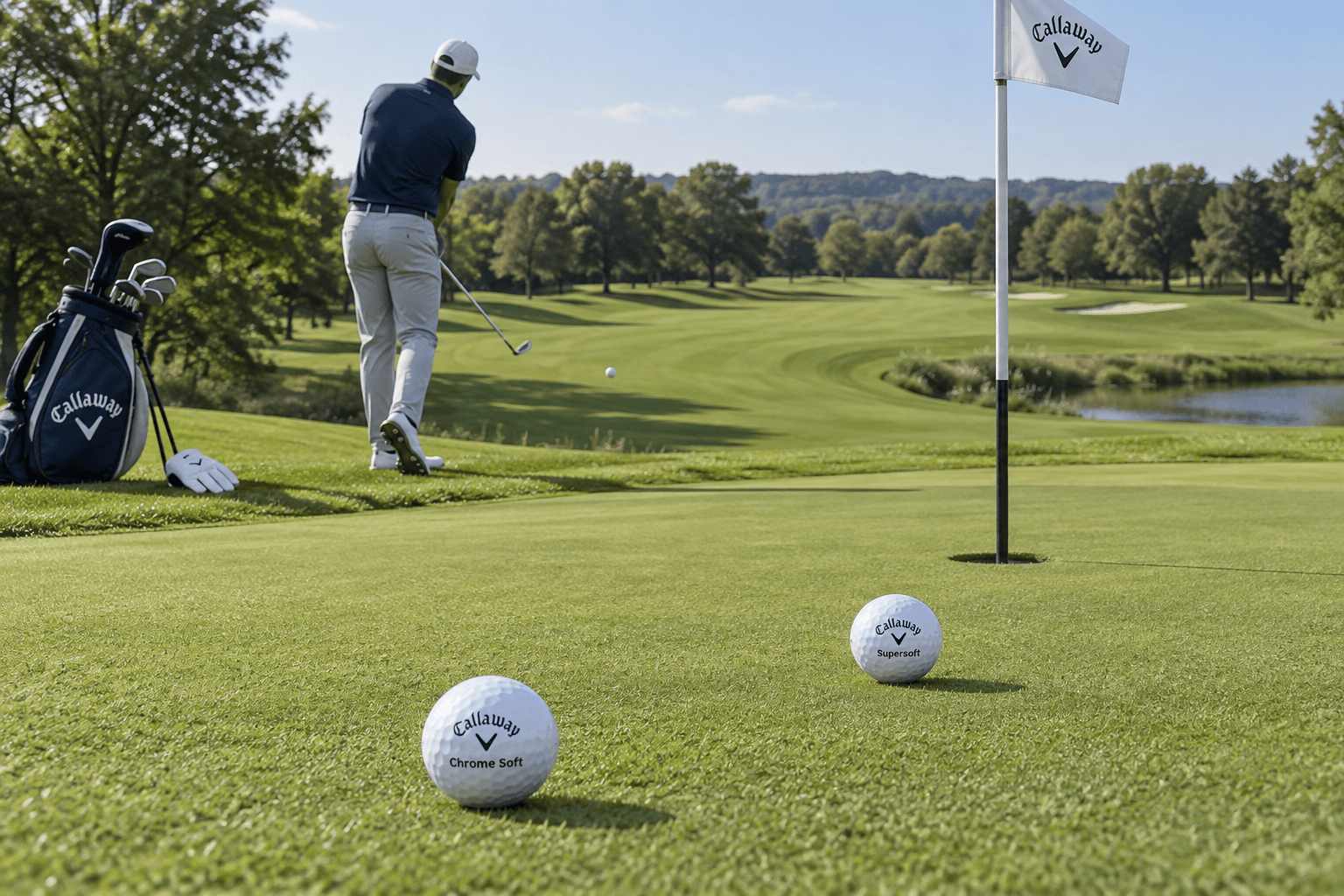 Golfer chips on a sunlit green beside a bag and glove; Callaway Chrome Soft and Supersoft balls sit near the cup, comparing rollout.