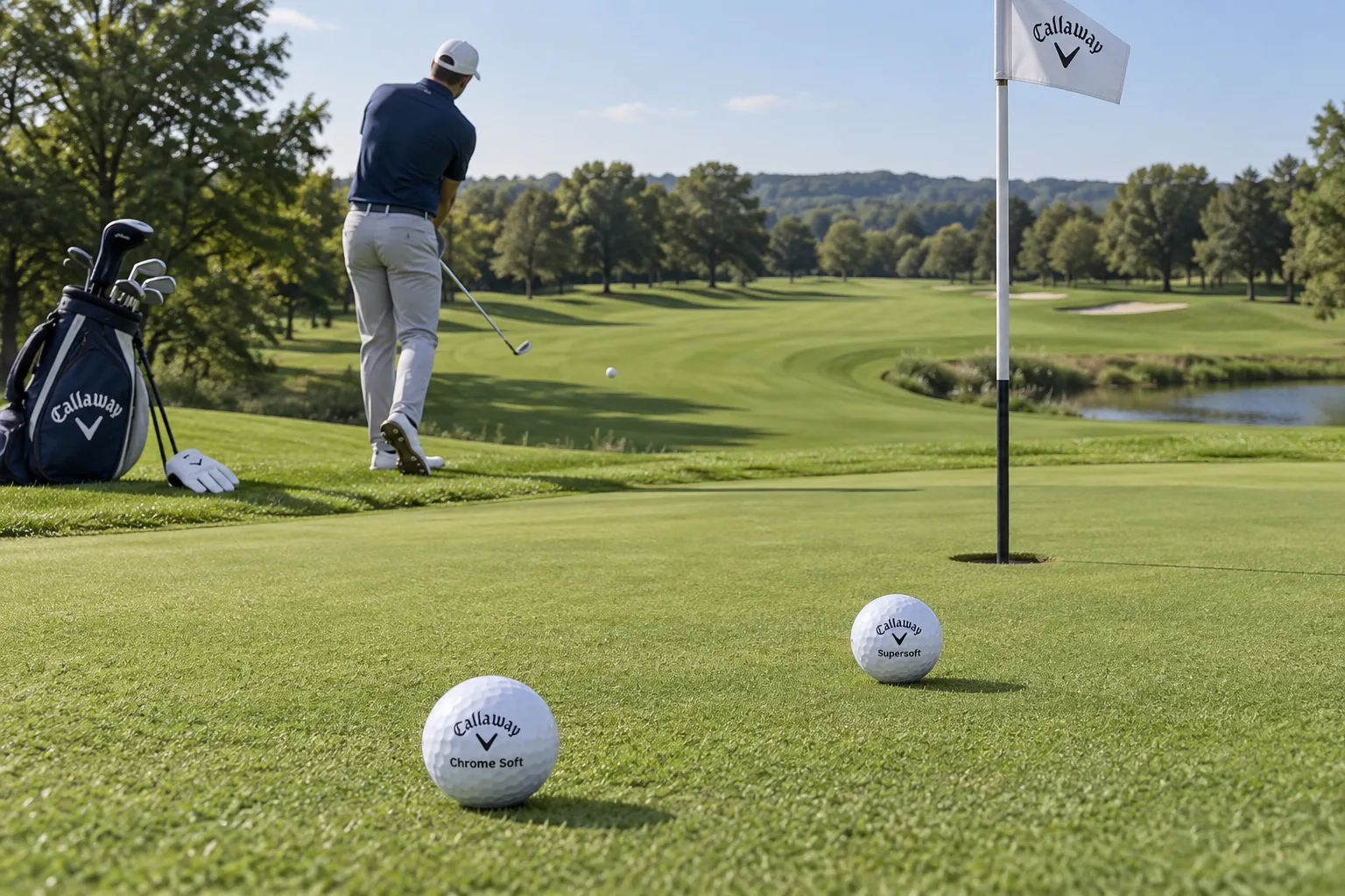 Golfer chips on a sunlit green beside a bag and glove; Callaway Chrome Soft and Supersoft balls sit near the cup, comparing rollout.