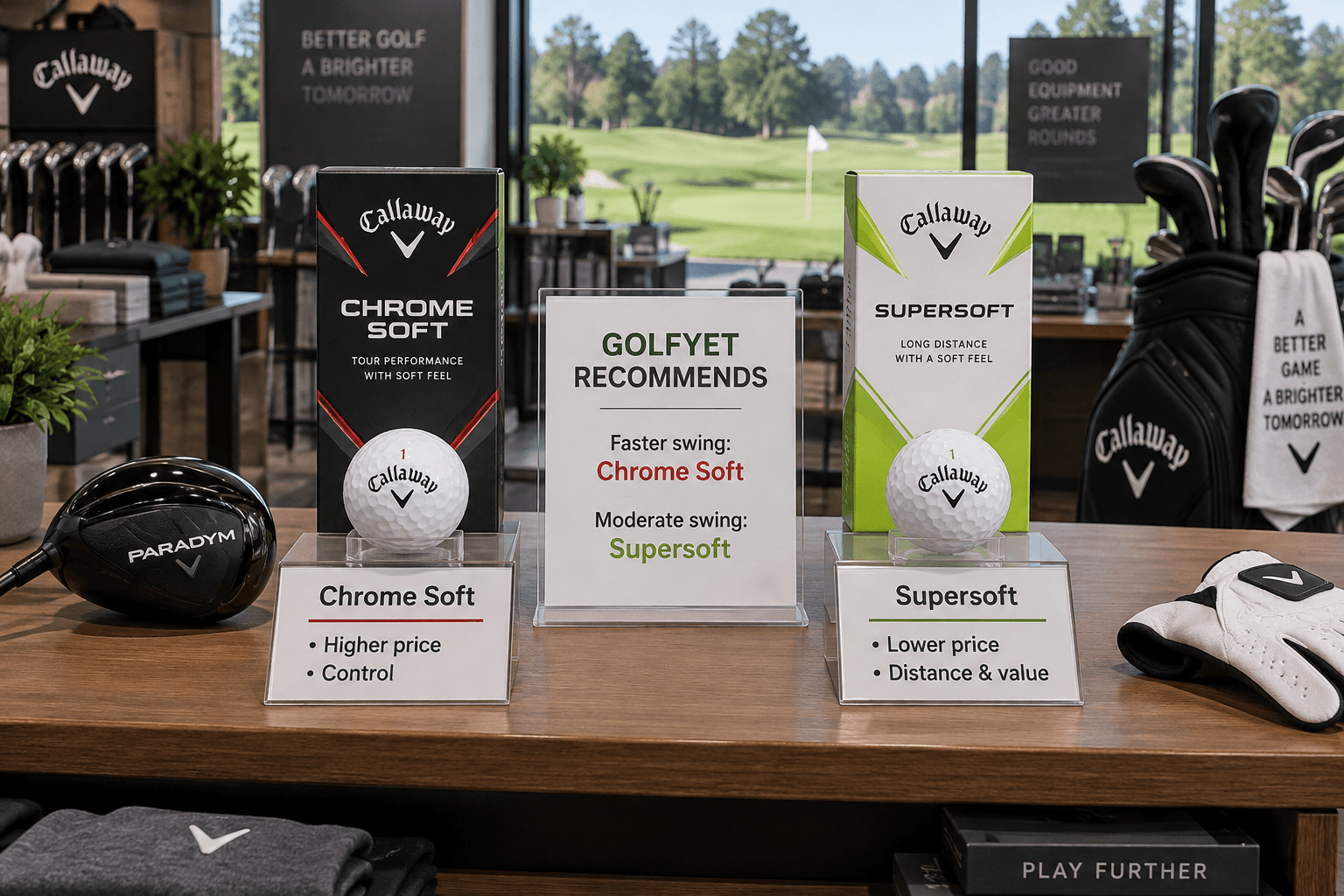 Golf-shop display comparing Callaway Chrome Soft vs Supersoft balls, with price, performance, and swing-speed recommendations beside a fairway view.