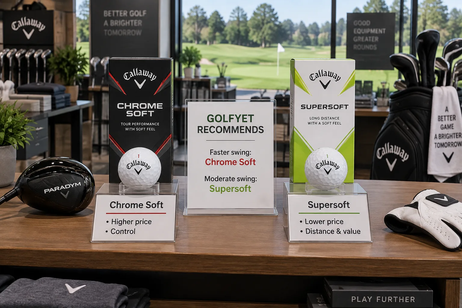 Golf-shop display comparing Callaway Chrome Soft vs Supersoft balls, with price, performance, and swing-speed recommendations beside a fairway view.