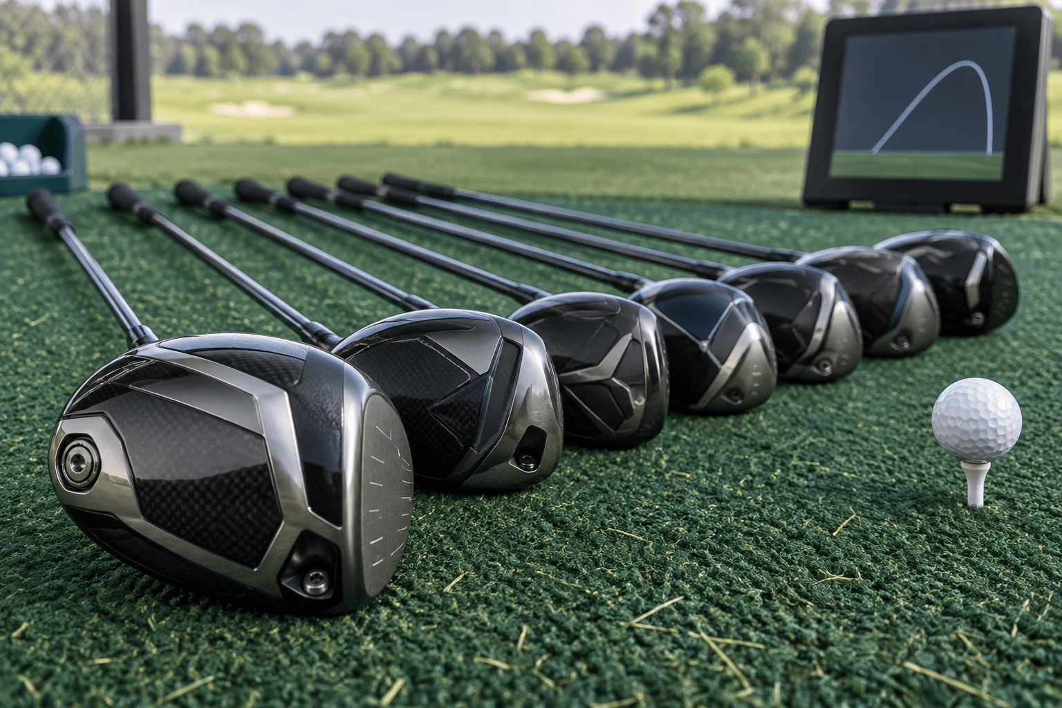 Eight golf drivers fan across a range mat beside a golf ball and launch monitor, showcasing the best drivers for high handicappers.