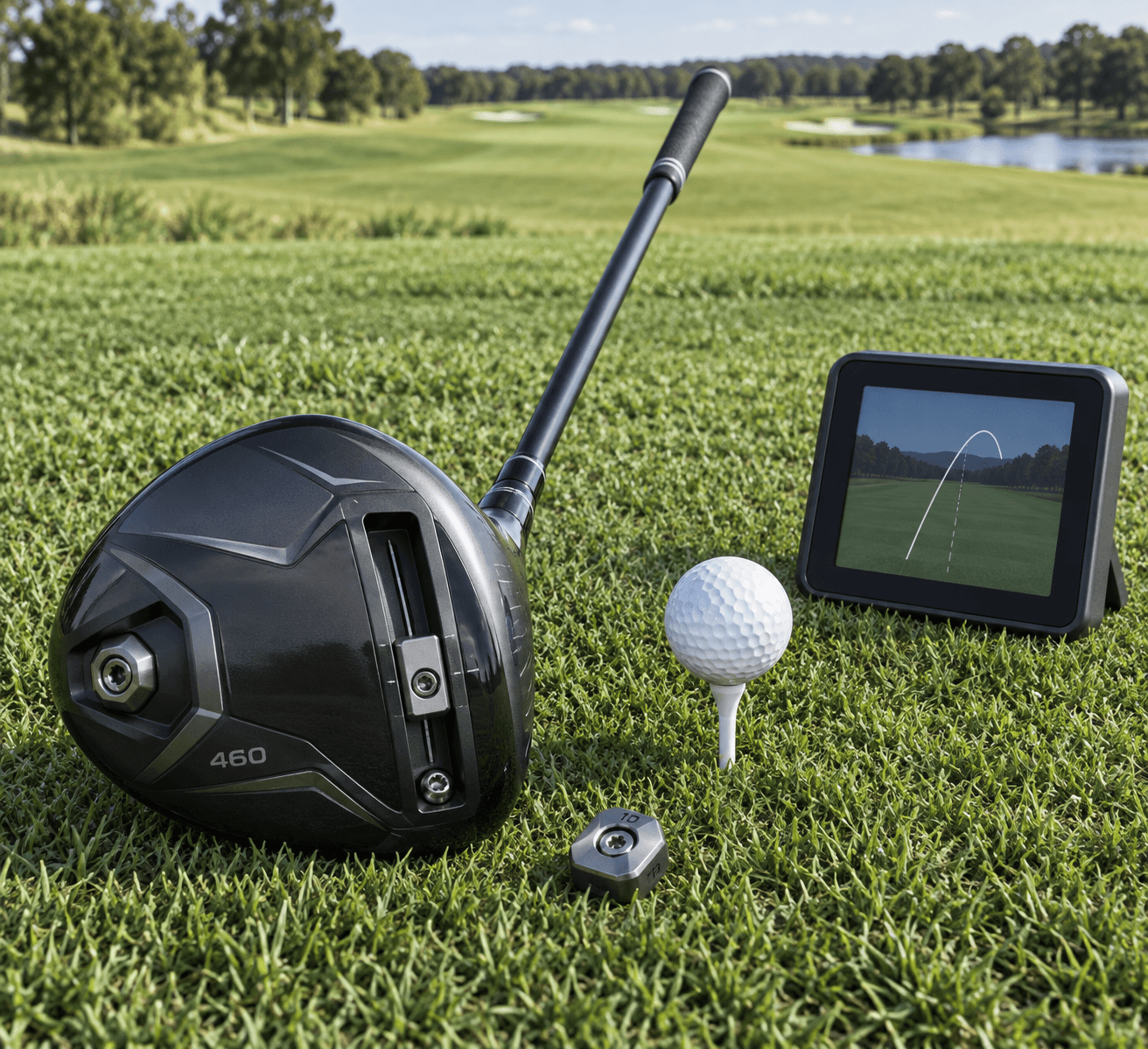 Overhead golf driver, ball, and launch monitor on green grass, illustrating best drivers for high handicappers.