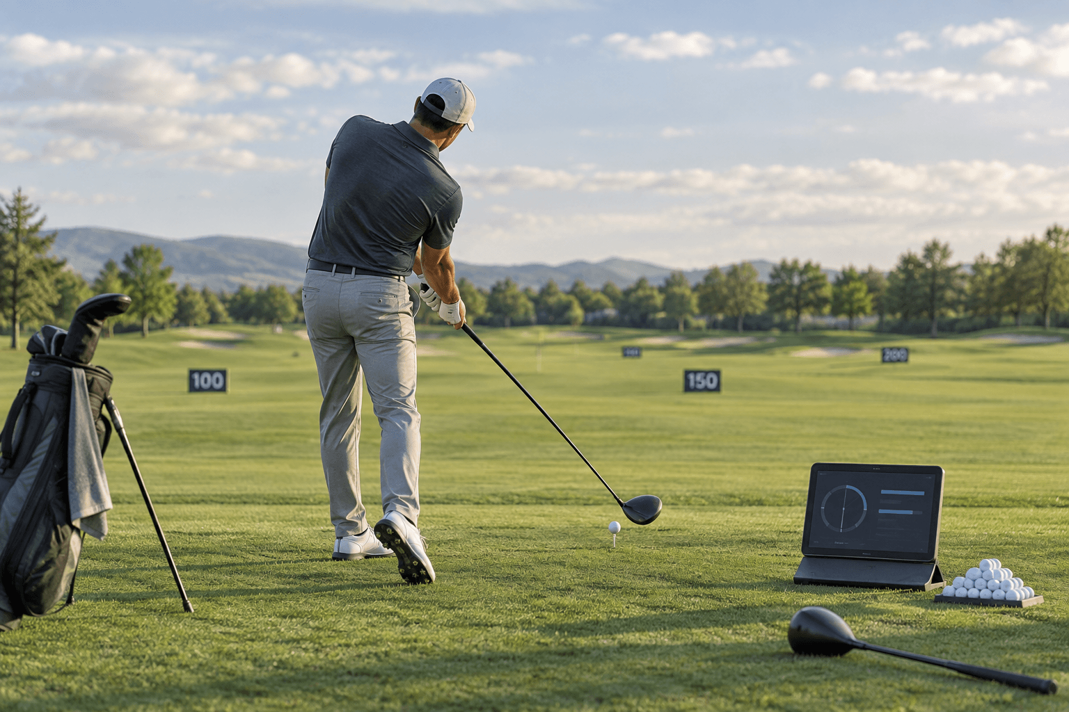 Golfer tests a driver beside a launch monitor on a sunny range, with spare clubs nearby; best drivers for high handicappers