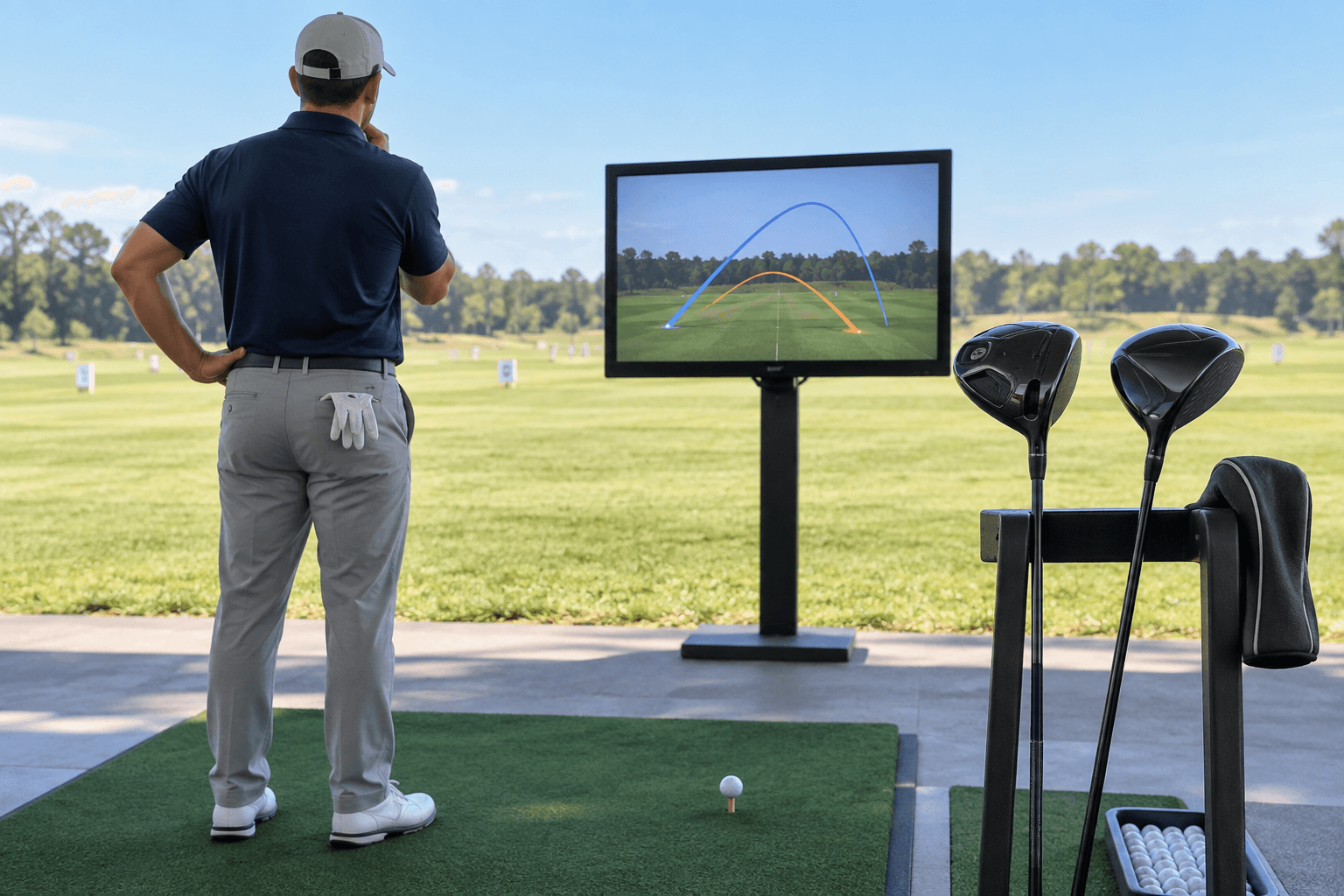 Golfer compares two drivers beside a launch monitor showing low and high flight arcs; best drivers for high handicappers are the focus.