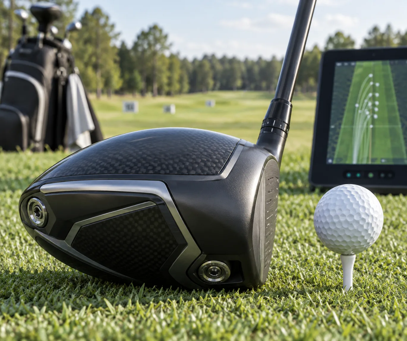 Most Forgiving Driver for the Average Golfer 2026 2 Extreme close-up of a driver beside a golf ball and launch monitor on a practice range, illustrating the most forgiving golf driver.