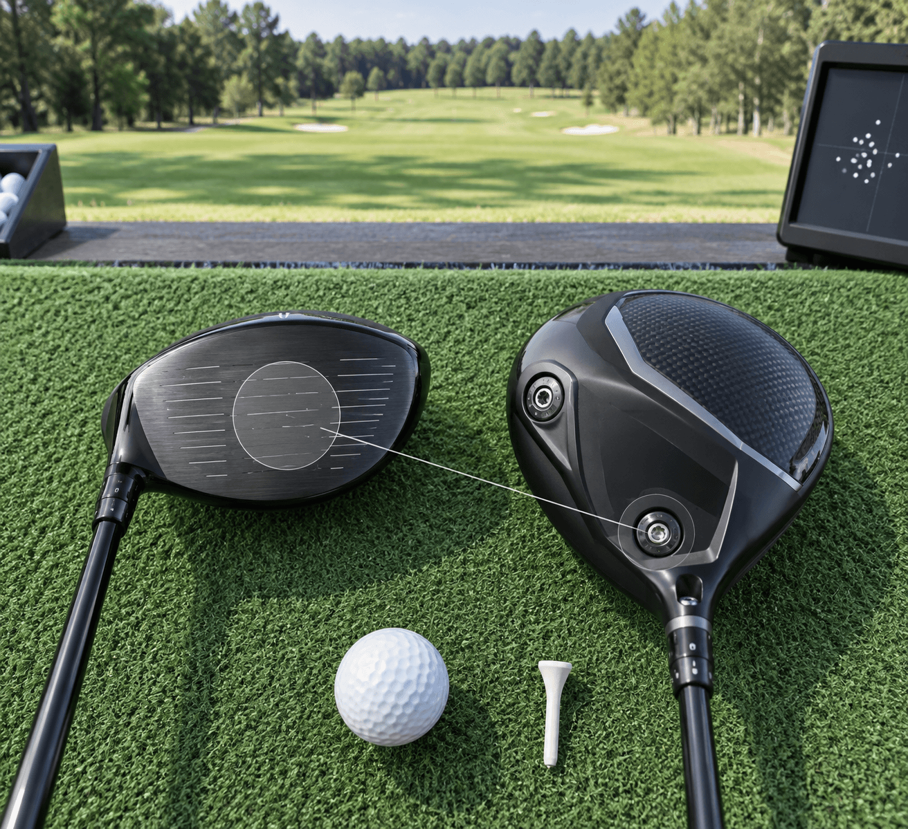 Two driver heads, a golf ball, and launch monitor on green turf illustrate the most forgiving golf driver’s sweet spot and low rear weighting.