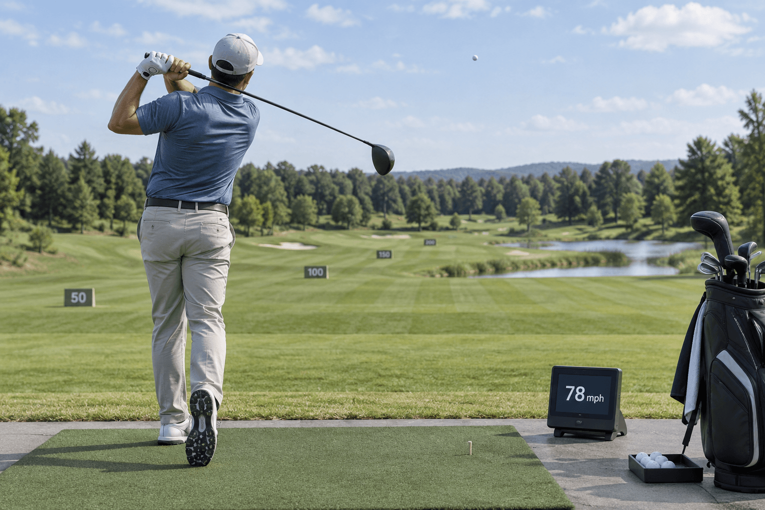 Golfer follows through with a most forgiving golf driver as the ball flies toward the fairway; launch monitor reads 78 mph.
