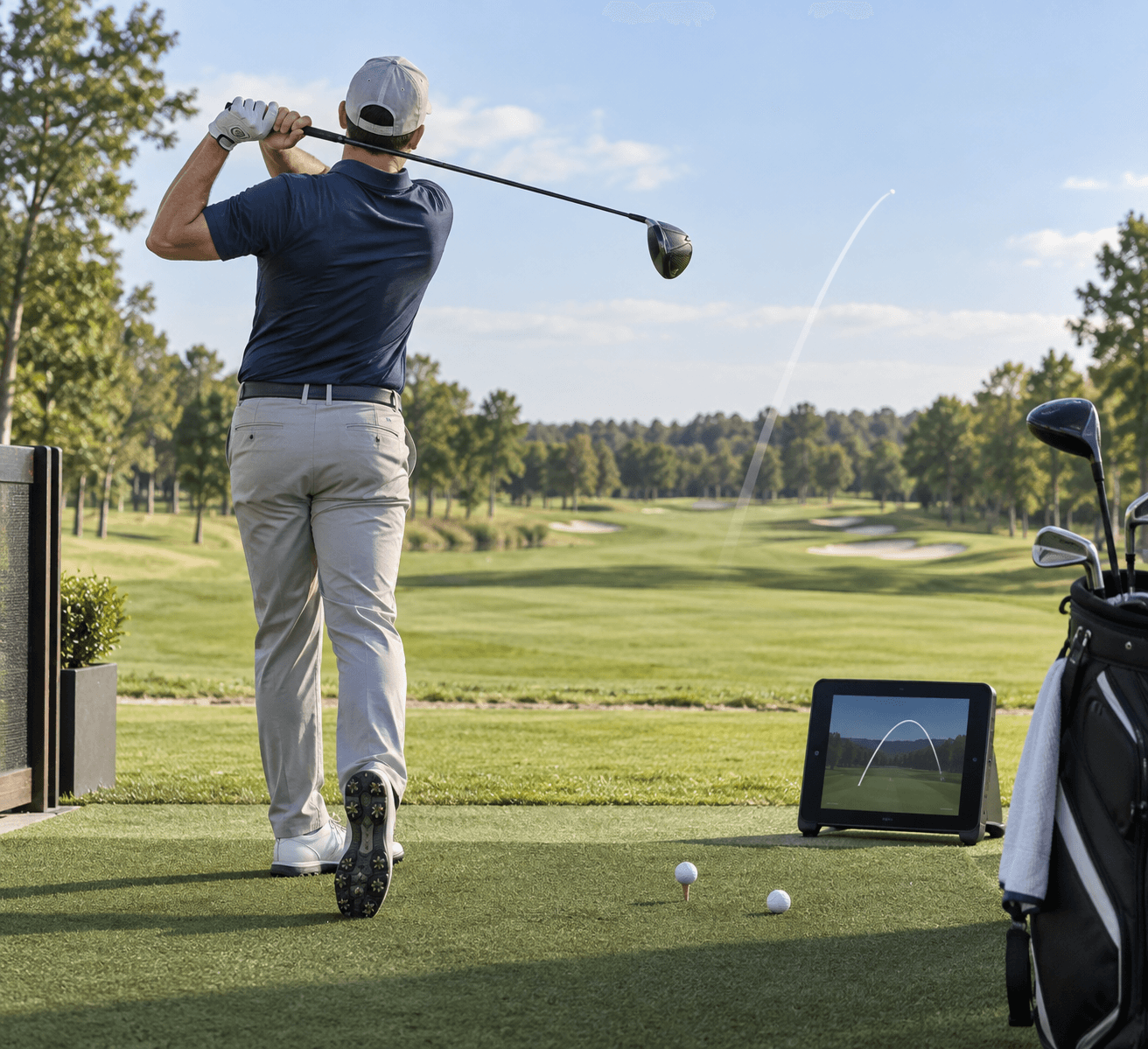 Golfer tests a driver at a sunny practice bay beside a launch monitor and golf bag, assessing the most forgiving golf driver.