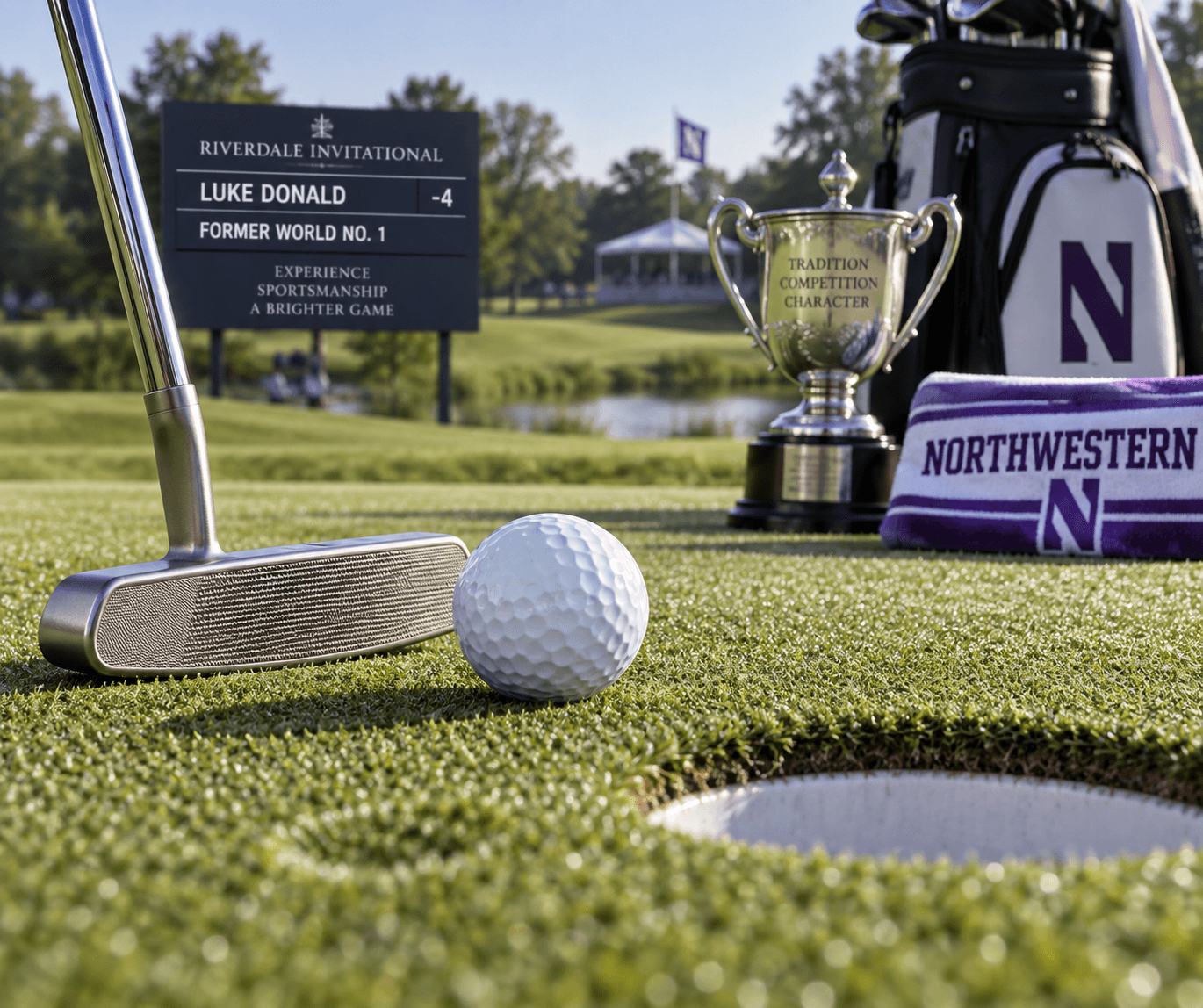 Golfer Luke Donaldu2019s ball and putter poised beside the cup on a dew-bright green, with a trophy, Northwestern towel, and scoreboard nearby.