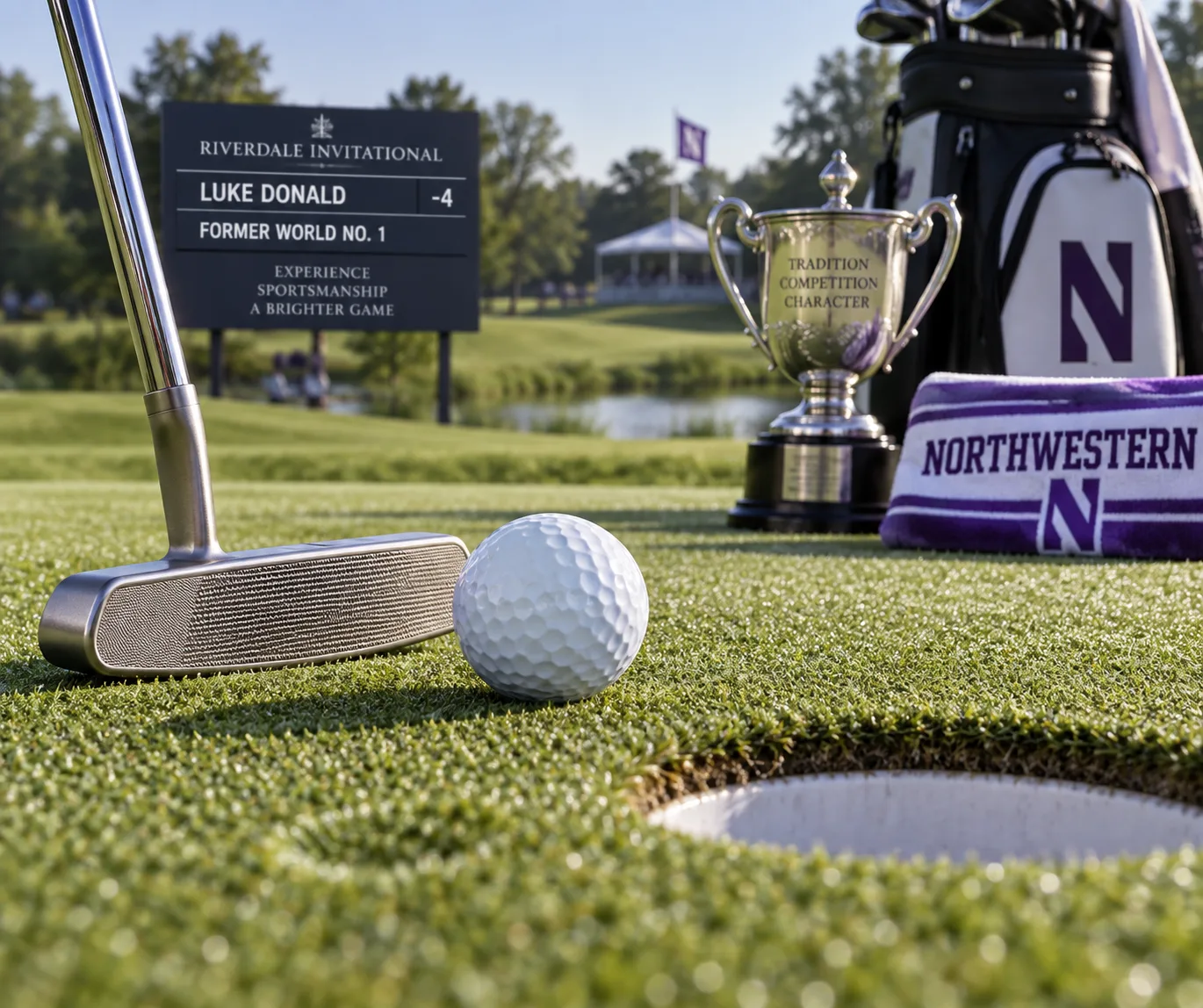 Golfer Luke Donald: Career, Wins, and Playing Style 1 Golfer Luke Donaldu2019s ball and putter poised beside the cup on a dew-bright green, with a trophy, Northwestern towel, and scoreboard nearby.