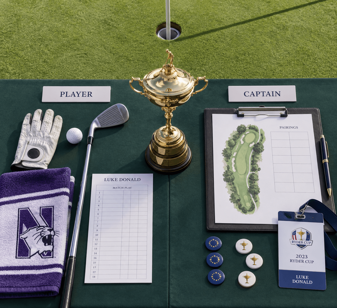 Overhead flat lay of golfer luke donald’s player gear and captain’s clipboard, divided by a Ryder Cup trophy beside a putting green.