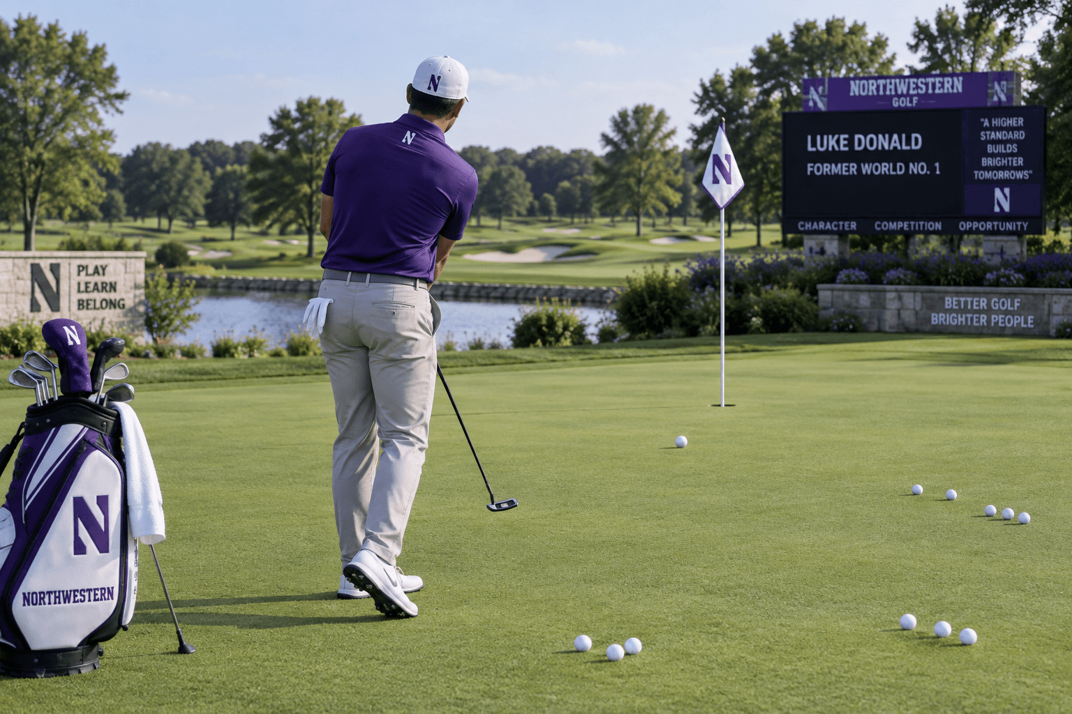 Golfer Luke Donald practices putting on a pristine green beside a Northwestern golf bag, with balls, a cup, flagstick, and course sign in view.