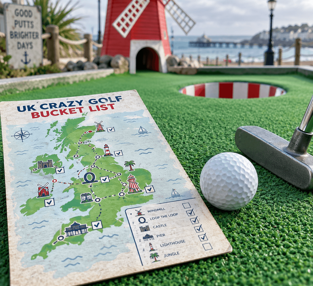 Ultimate UK Crazy Golf Bucket List: Can You Play Them All 2 A UK-shaped u201cUK Crazy Golf Bucket Listu201d checklist beside a dimpled ball on green turf, with windmill icons and crazy about golf charm.