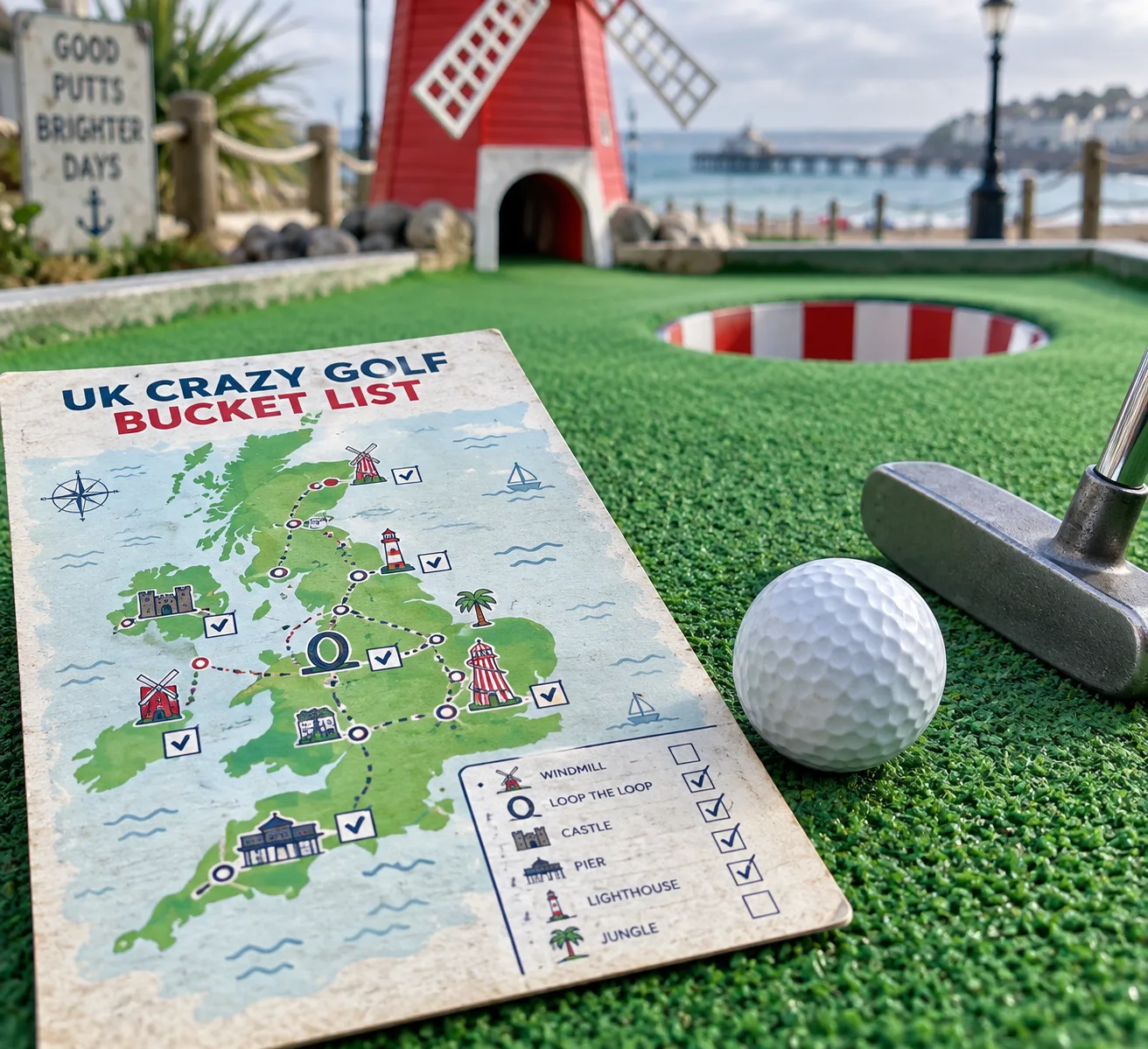 Ultimate UK Crazy Golf Bucket List: Can You Play Them All 3 A UK-shaped u201cUK Crazy Golf Bucket Listu201d checklist beside a dimpled ball on green turf, with windmill icons and crazy about golf charm.