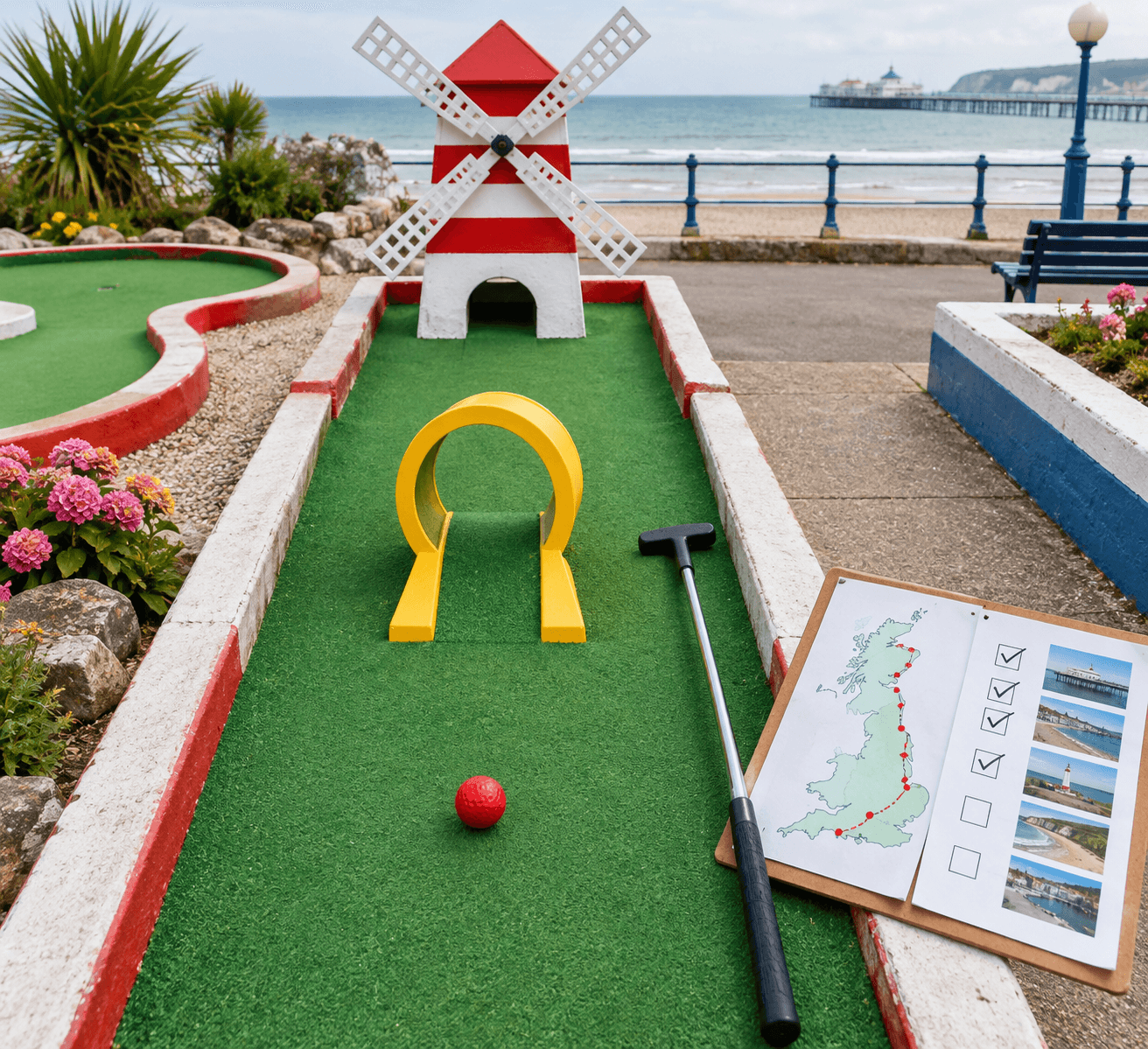 Overhead seaside mini-golf course with a striped windmill, red ball, putter, and checked route map—a crazy about golf holiday challenge.